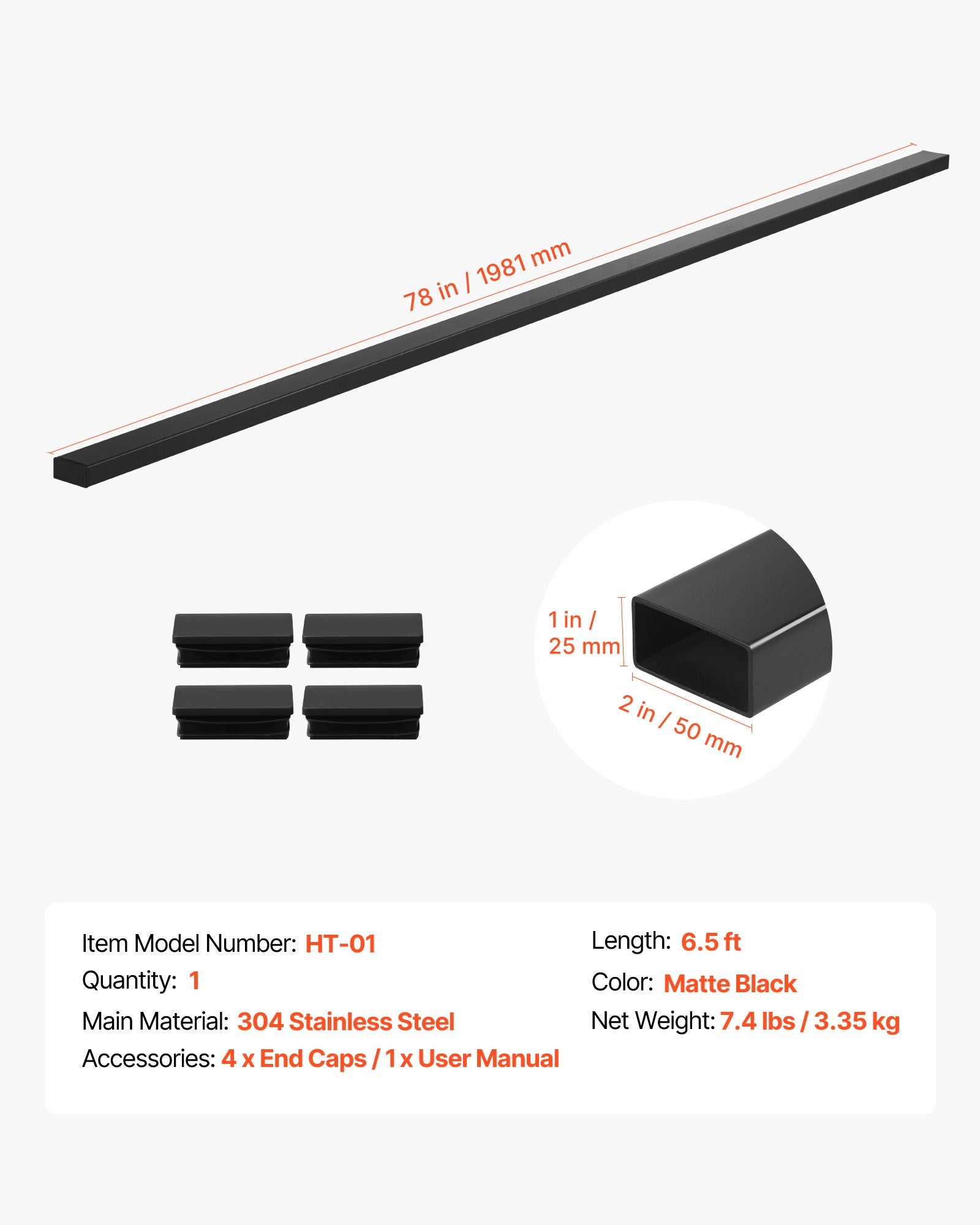 Nerūdijančio plieno turėklas VEVOR HT-01, 198 cm
