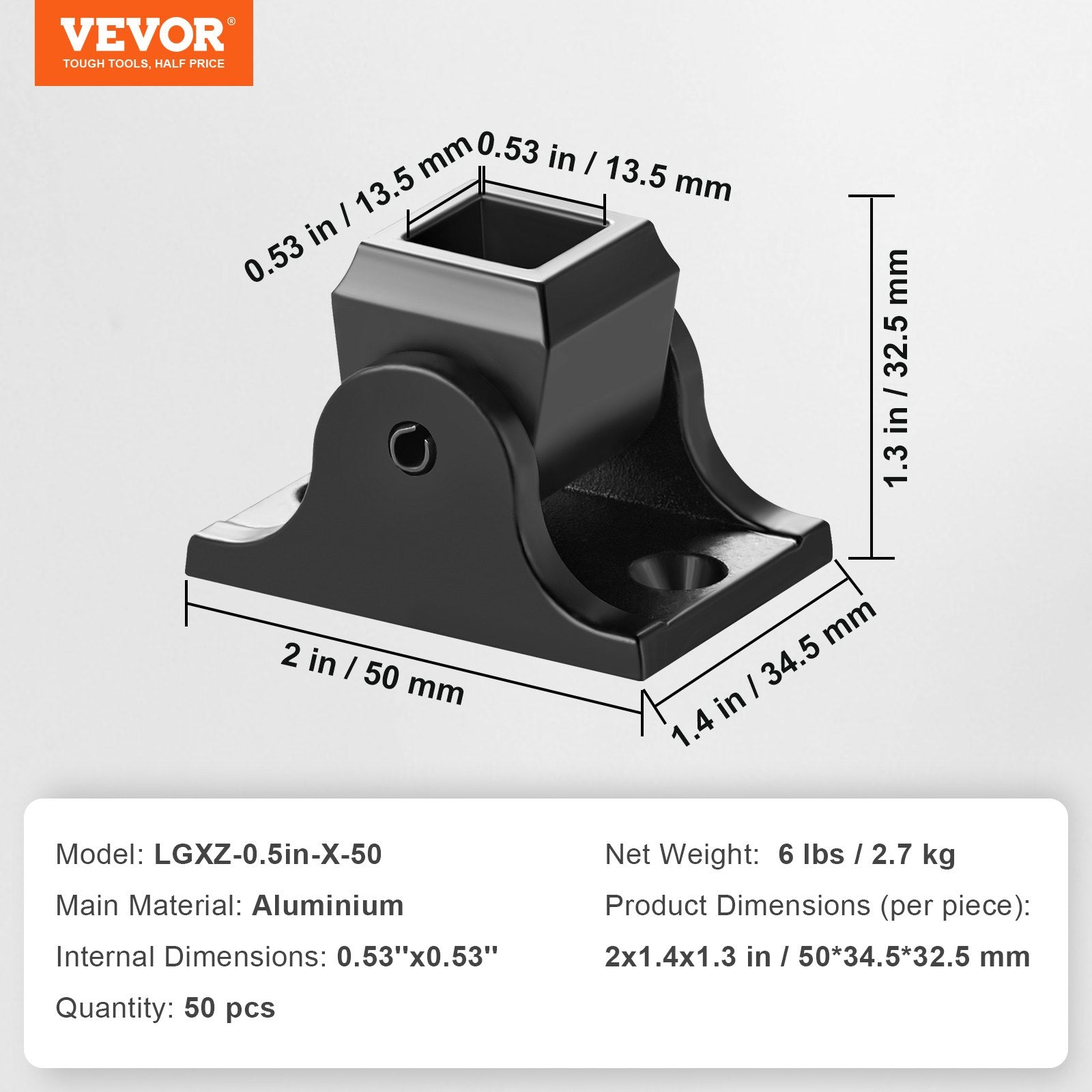 Laiptų turėklų padukai VEVOR LGXZ-0.5in-X-50, 1/2 colio turėklams, 50 vnt.
