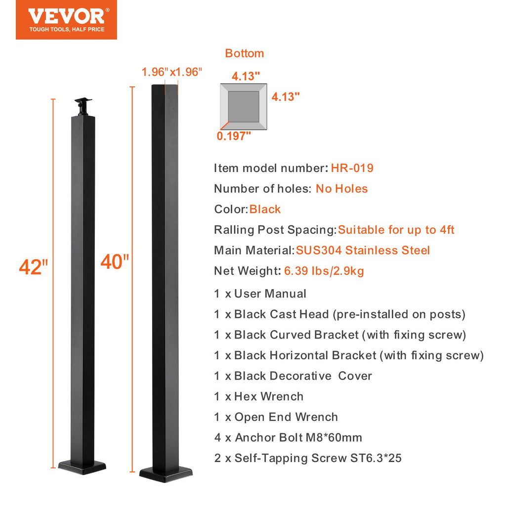 Trosinių turėklų stulpas VEVOR HR-019, 106,7 cm aukščio