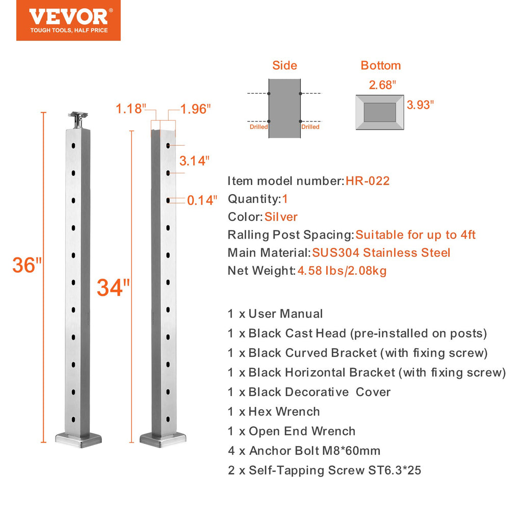 Turėklų stulpas VEVOR HR-022, 91,4 cm aukščio