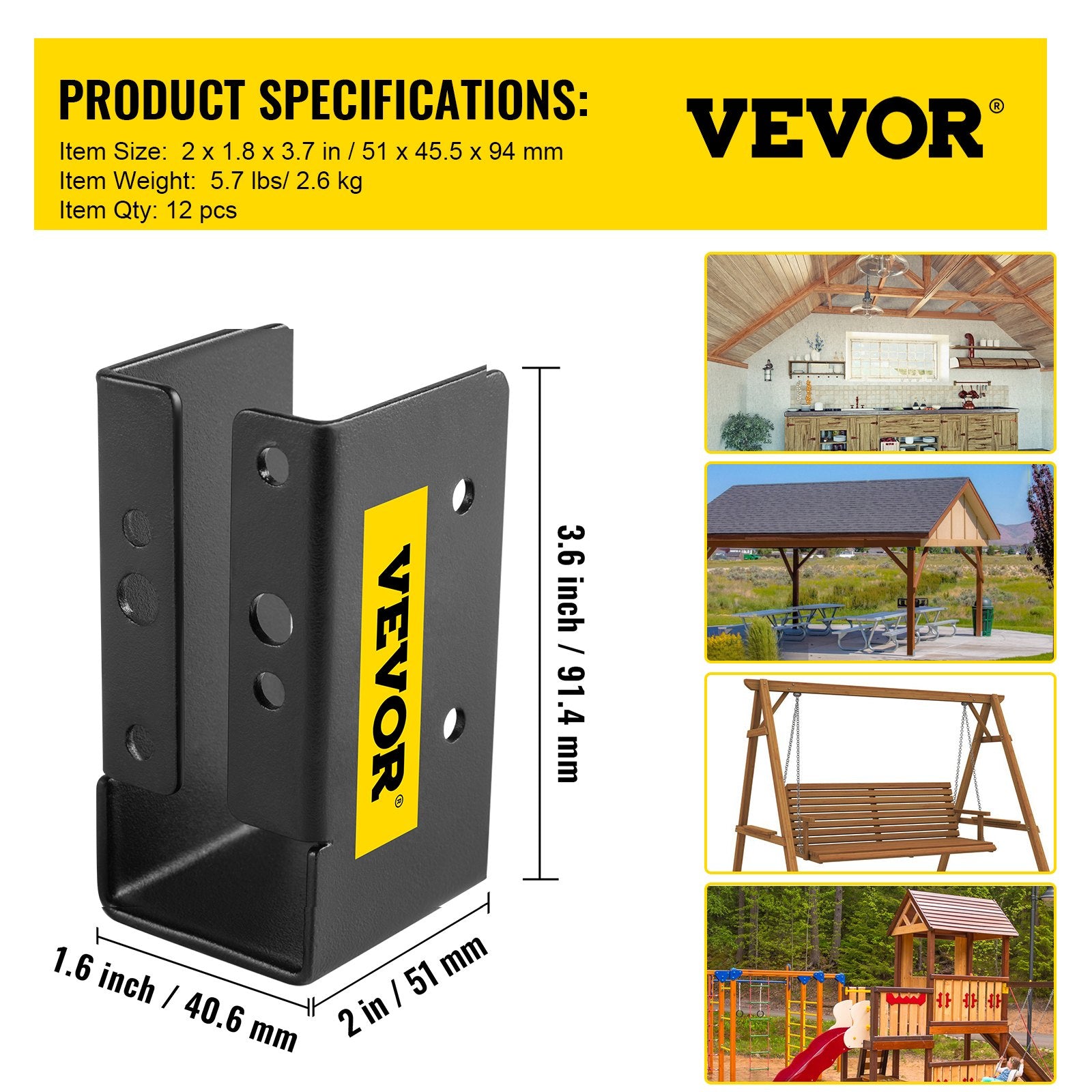 Paslėptas sijų laikiklis VEVOR VV-2x4UXLJJH-12PCS, 51 x 102 mm, 12 vnt.