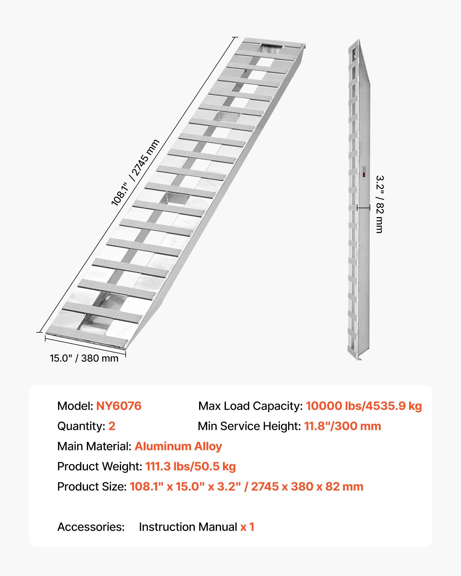 Užvažiavimo rampų komplektas VEVOR NY6076, 4535,9 kg keliamoji galia