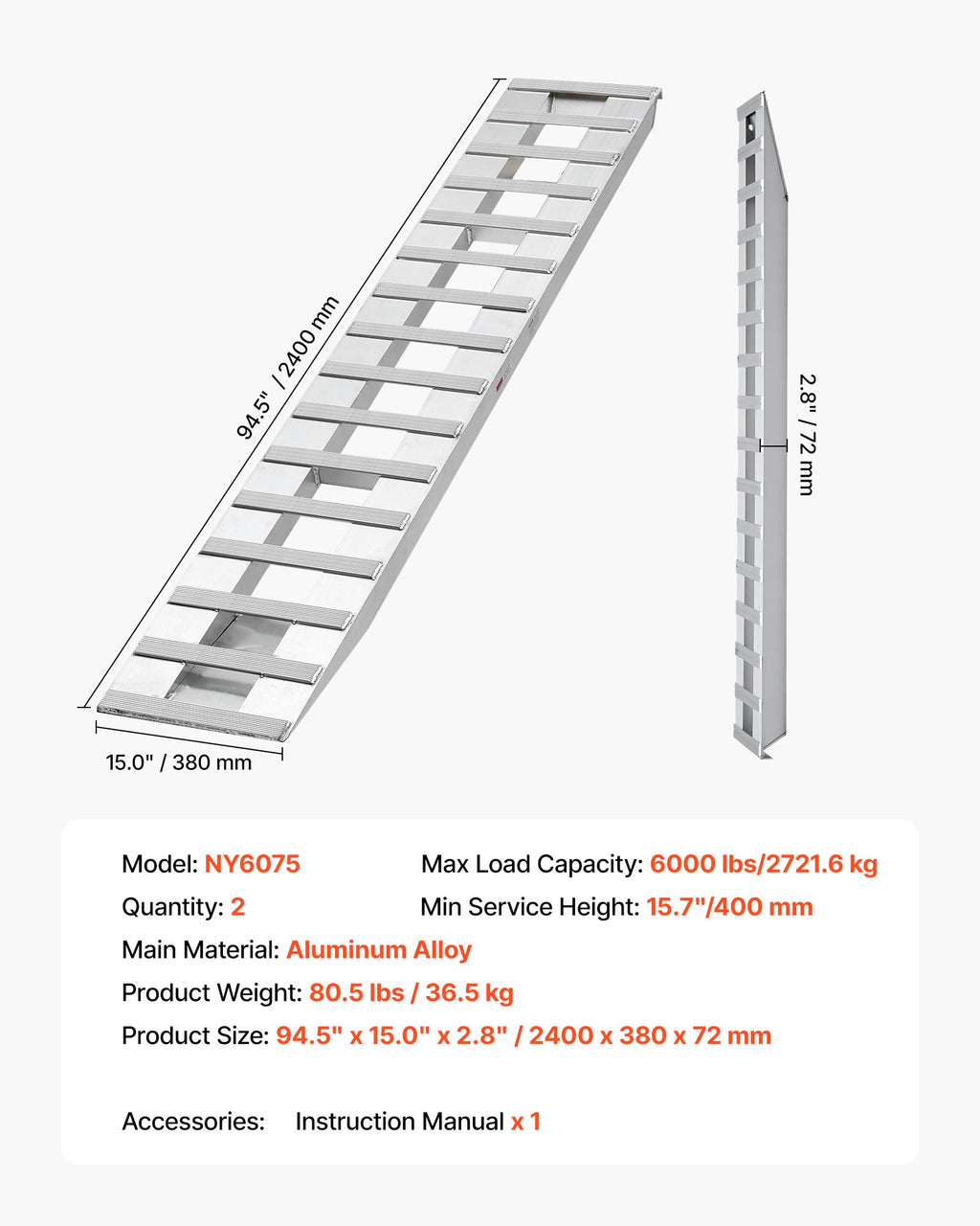 Užvažiavimo rampos VEVOR NY6075, 2721,6 kg