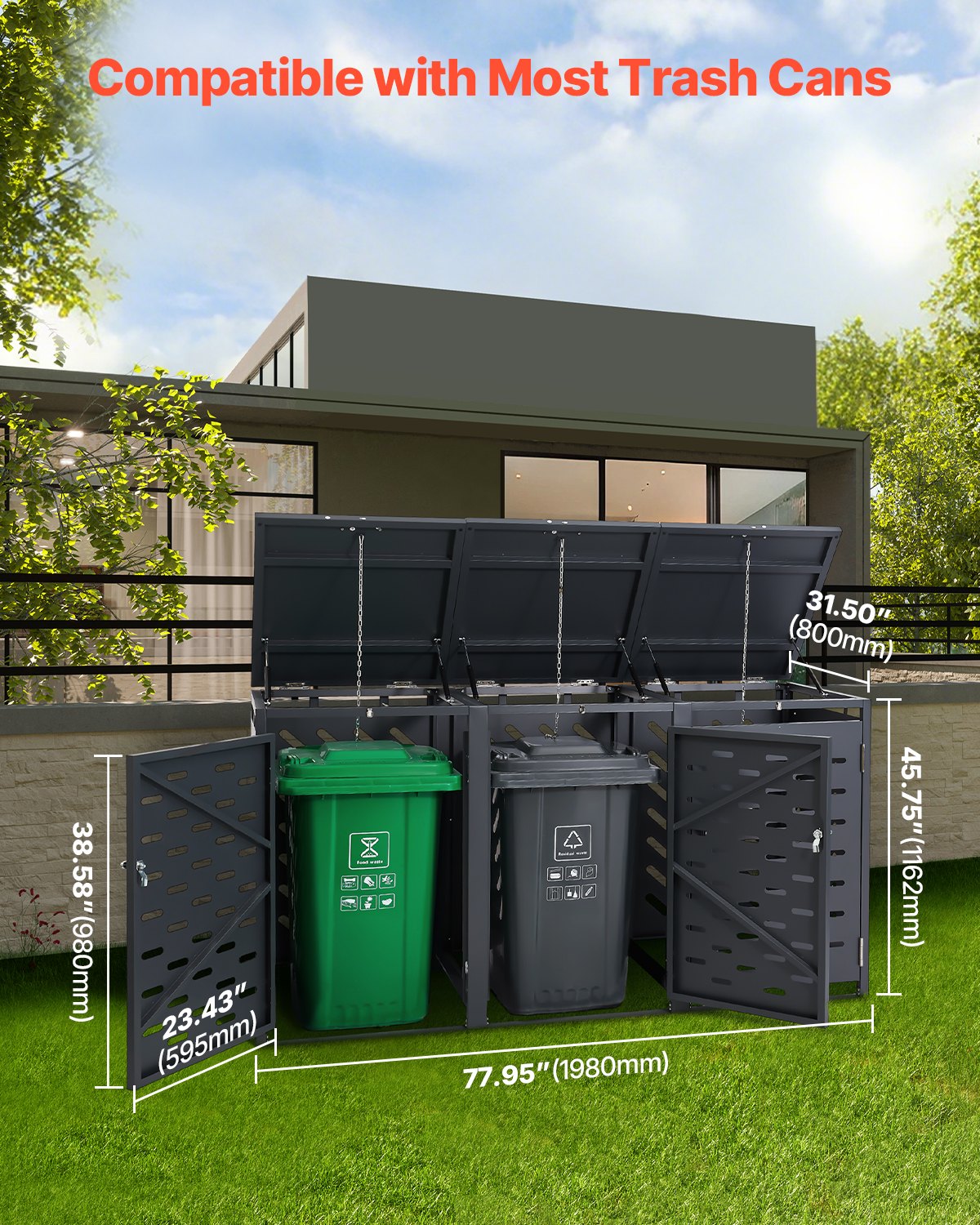 Lauko šiukšliadėžių stoginė VEVOR ZY-3X240L-0.7, 3 x 240 l