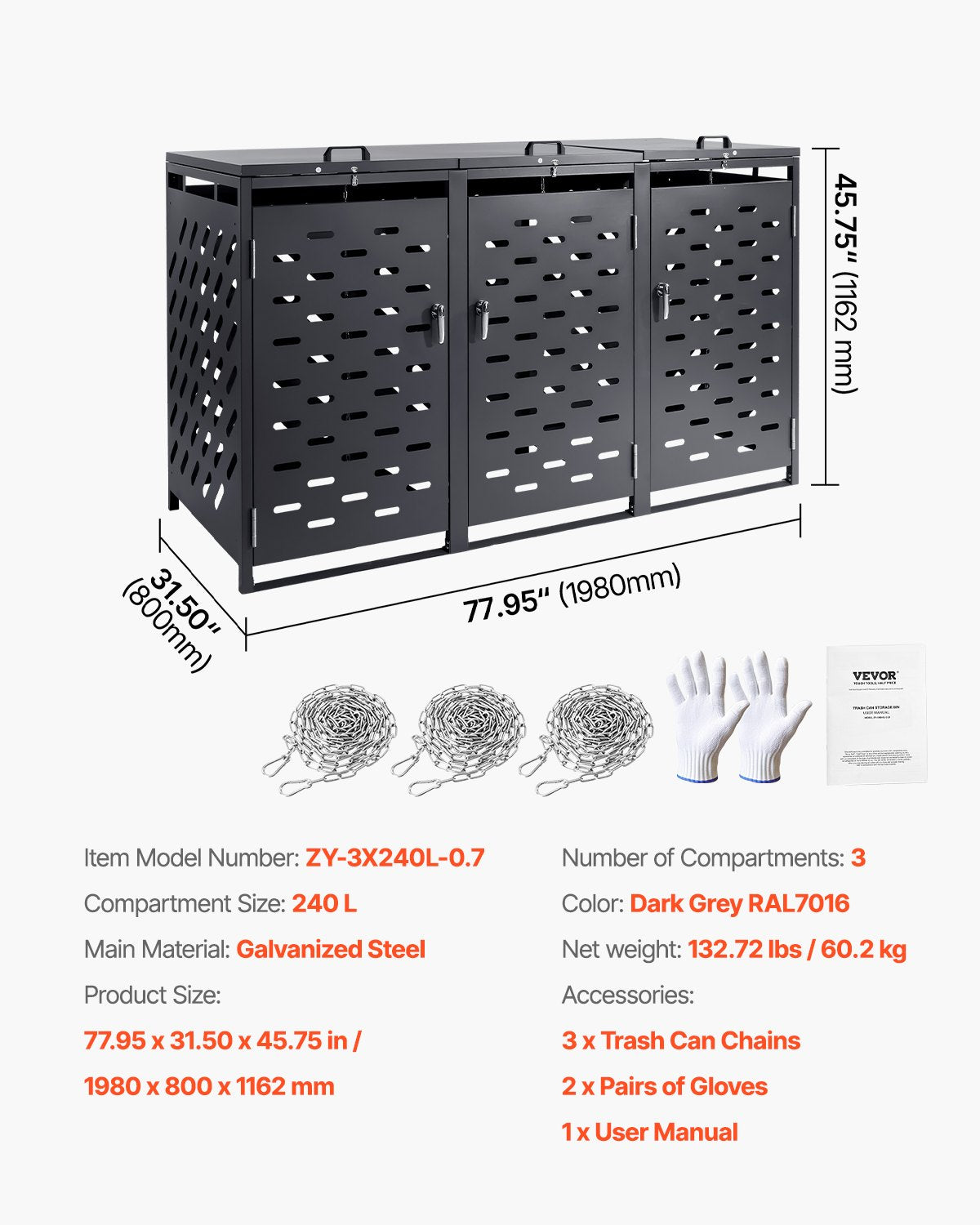 Lauko šiukšliadėžių stoginė VEVOR ZY-3X240L-0.7, 3 x 240 l