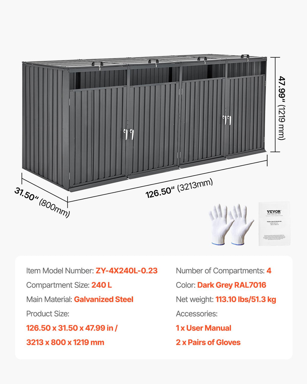 Atliekų konteinerių stoginė VEVOR ZY-4X240L-0.23, 4 x 240 l