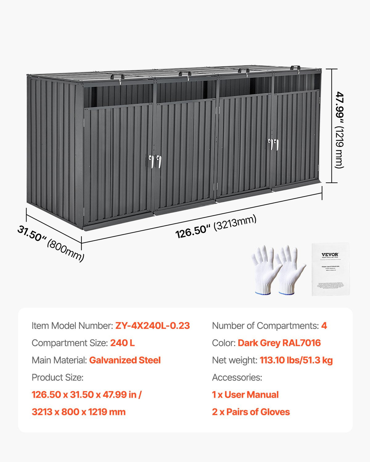 Atliekų konteinerių stoginė VEVOR ZY-4X240L-0.23, 4 x 240 l