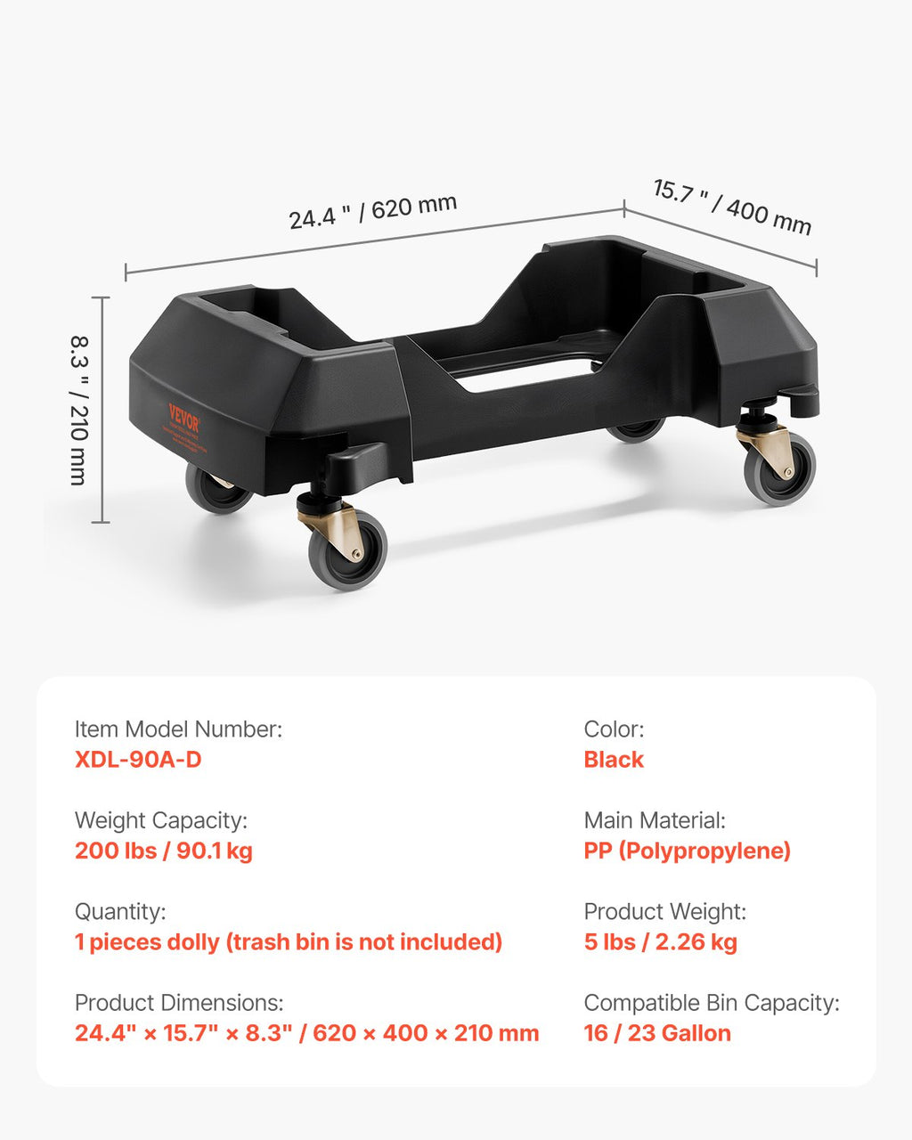 Vežimėlis šiukšlių dėžėms VEVOR XDL-90A-D, 90 kg keliamoji galia