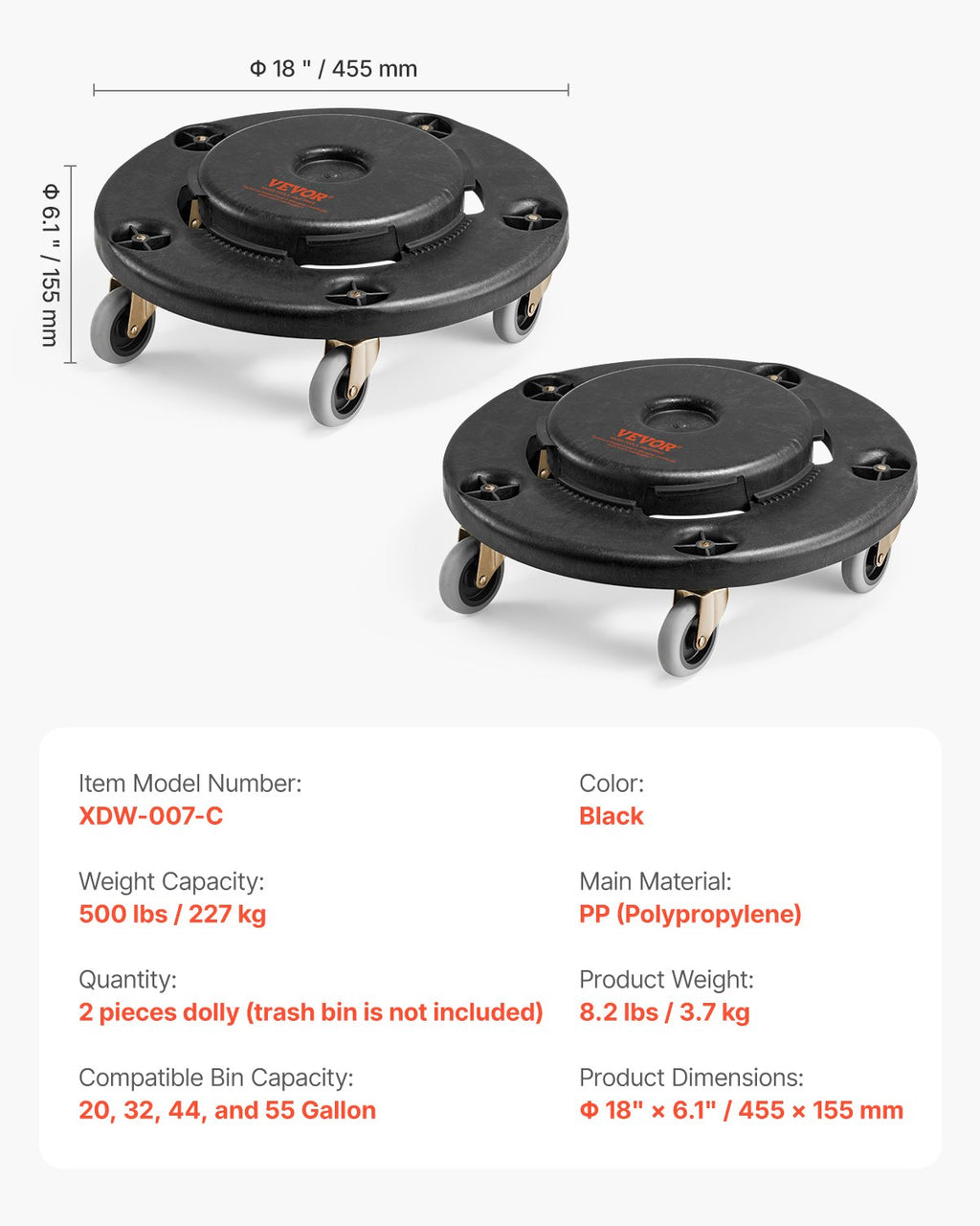 Ratukai šiukšlių dėžėms VEVOR XDW-007-C, 227 kg keliamoji galia