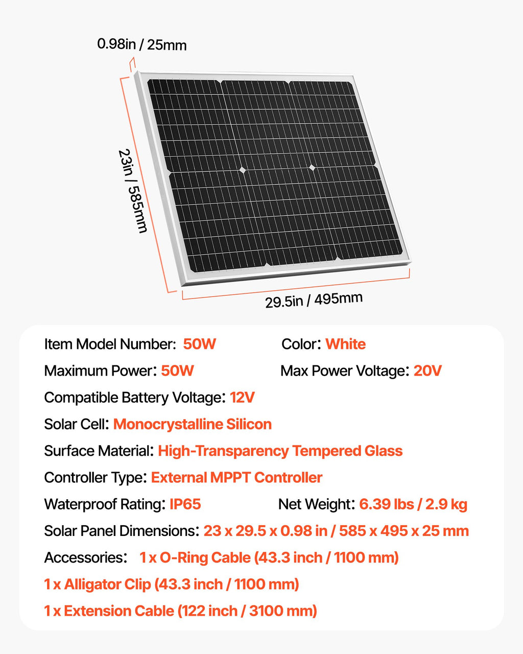 Saulės baterijų įkroviklis VEVOR 50W, 12V su MPPT valdikliu