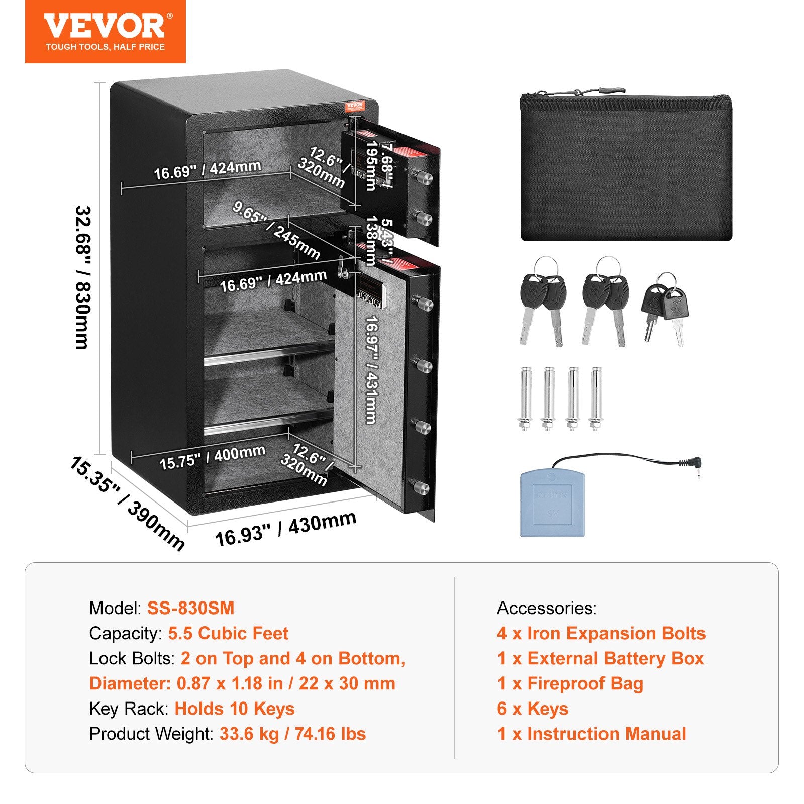 Seifas su dvigubomis durelėmis VEVOR SS-830SM, 156 l talpa