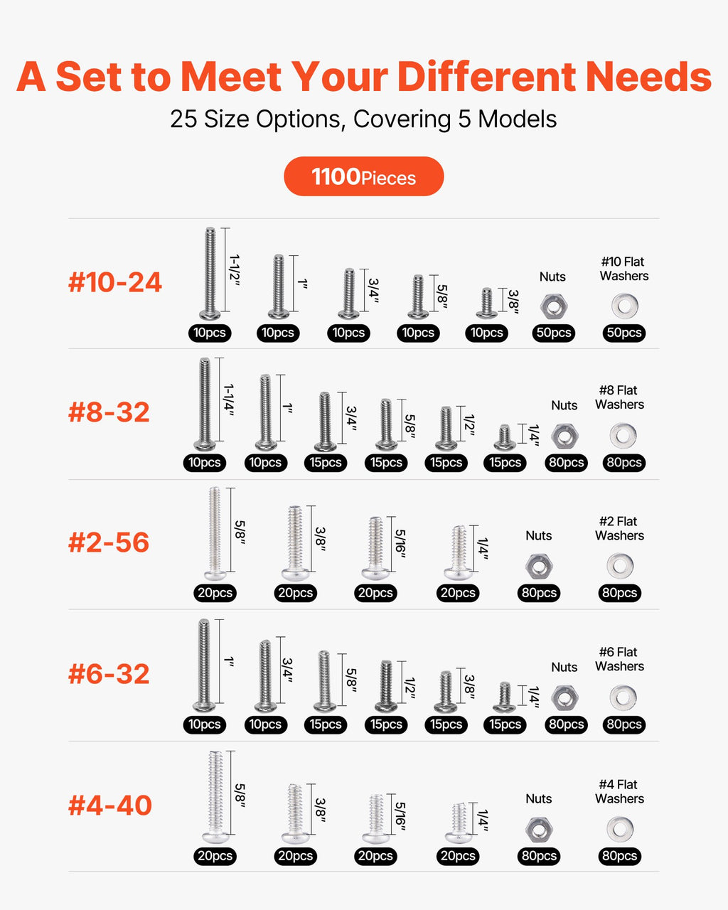 Varžtų ir veržlių rinkinys VEVOR 1110 UNCUNF SS304, 1110 dalių