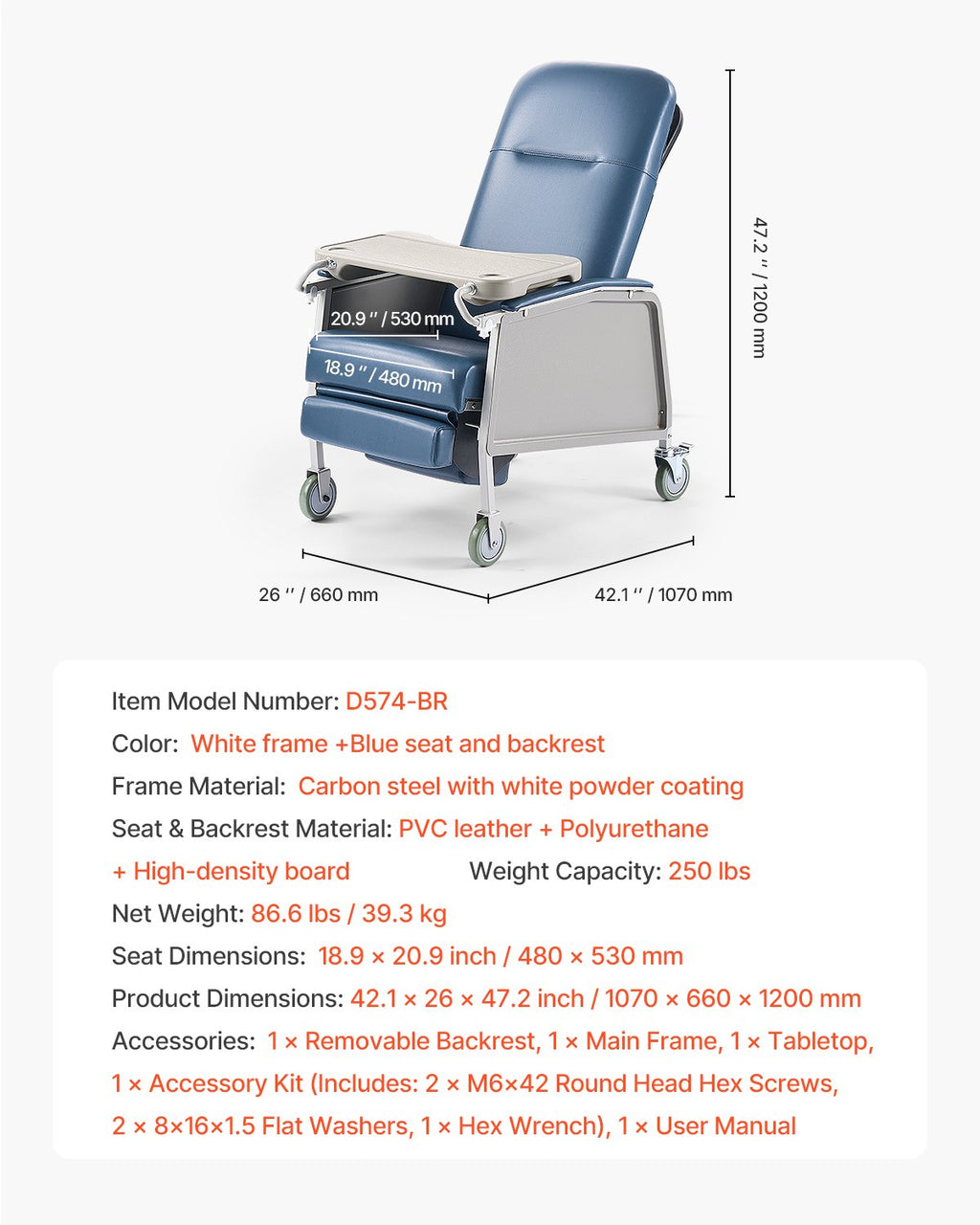 Medicininis fotelis-reklaineris VEVOR D574-BR, 3 padėčių