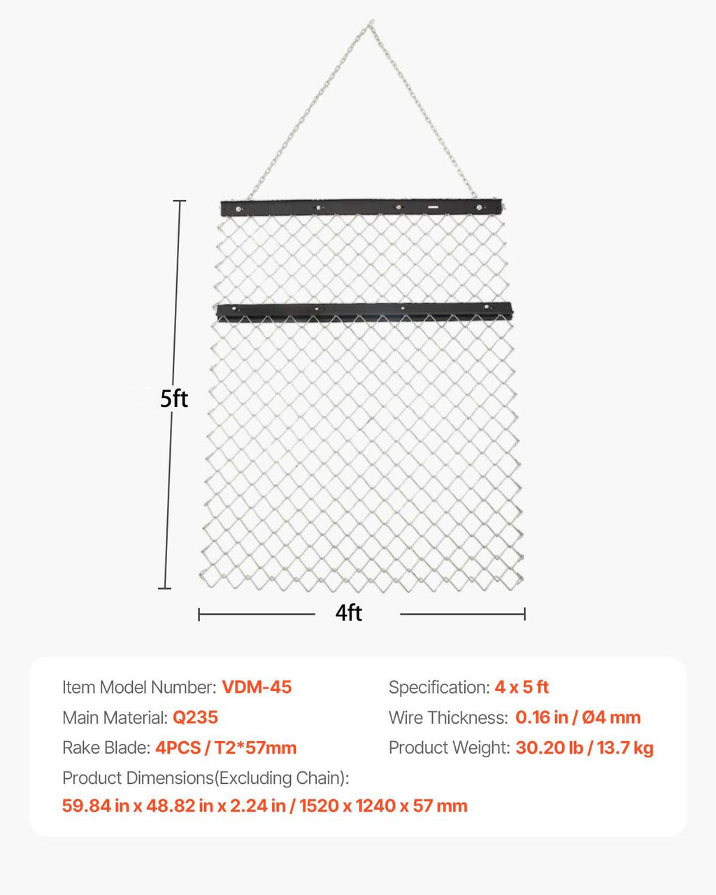 Vilkiamas lygintuvas (akėčios) VEVOR VDM-45, 1,2 x 1,5 m