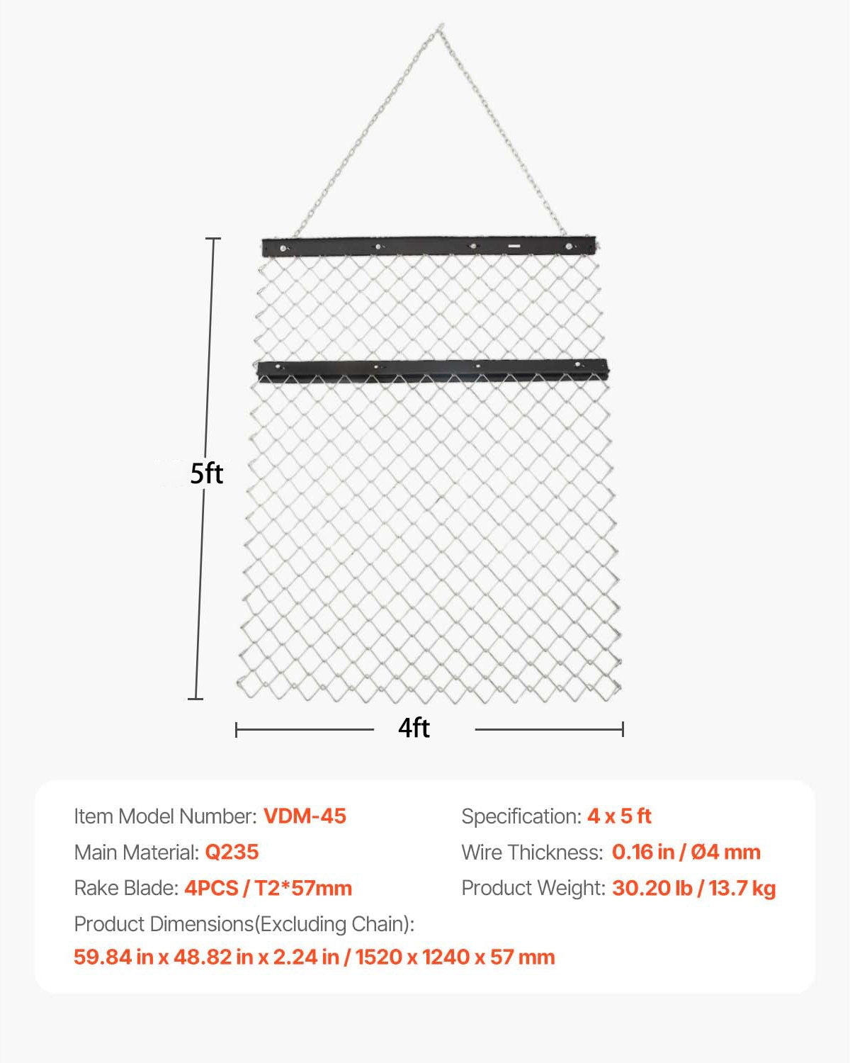 Vilkiamas lygintuvas (akėčios) VEVOR VDM-45, 1,2 x 1,5 m