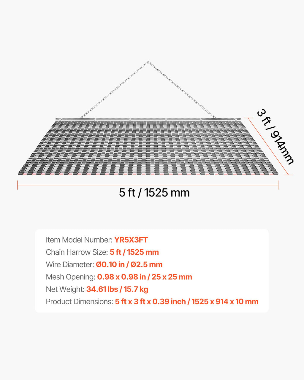 Tinklinės akėčios VEVOR YR5X3FT, 1,5x0,9 m
