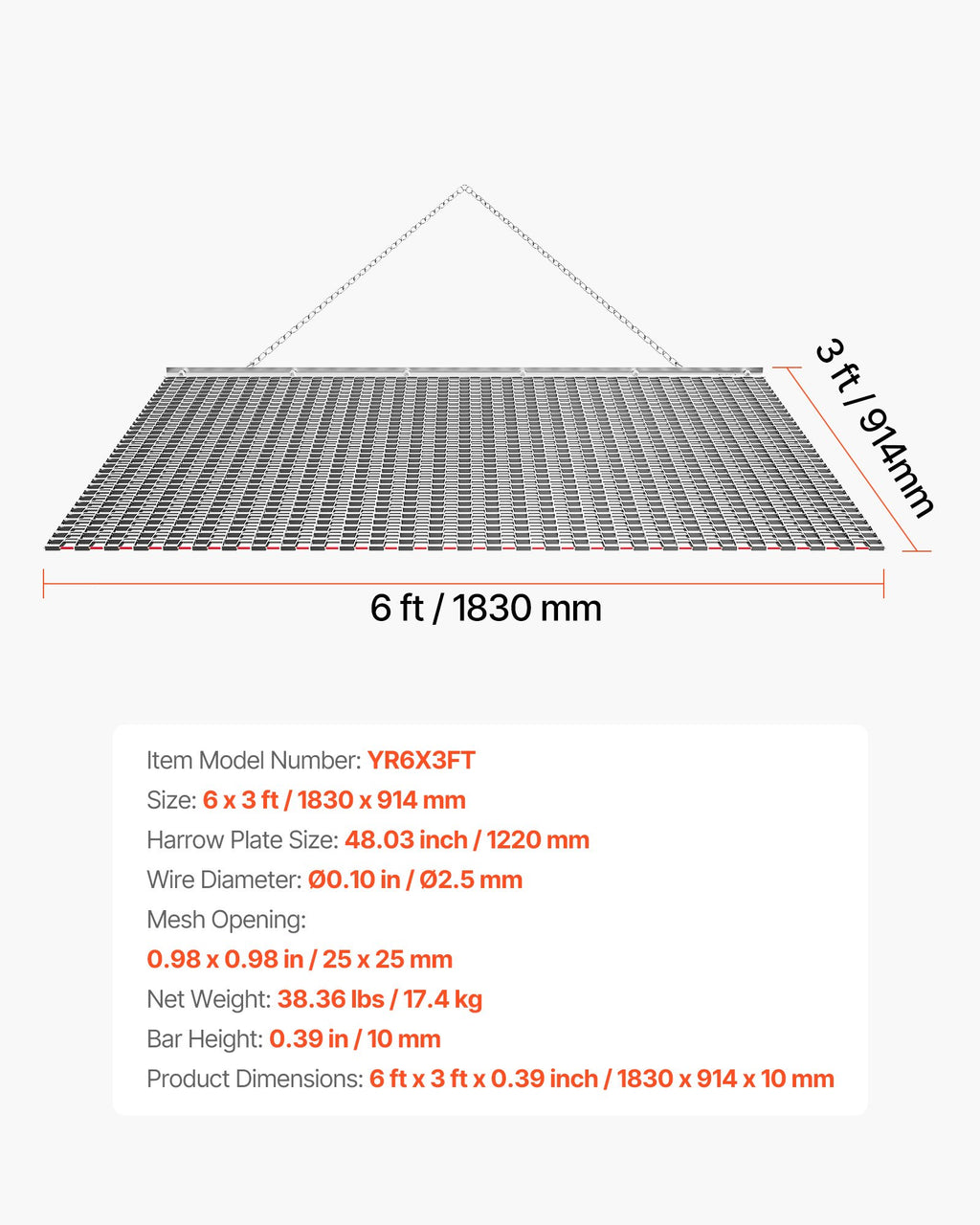 Tinklinės akėčios VEVOR YR6X3FT, 1,8x0,9 m