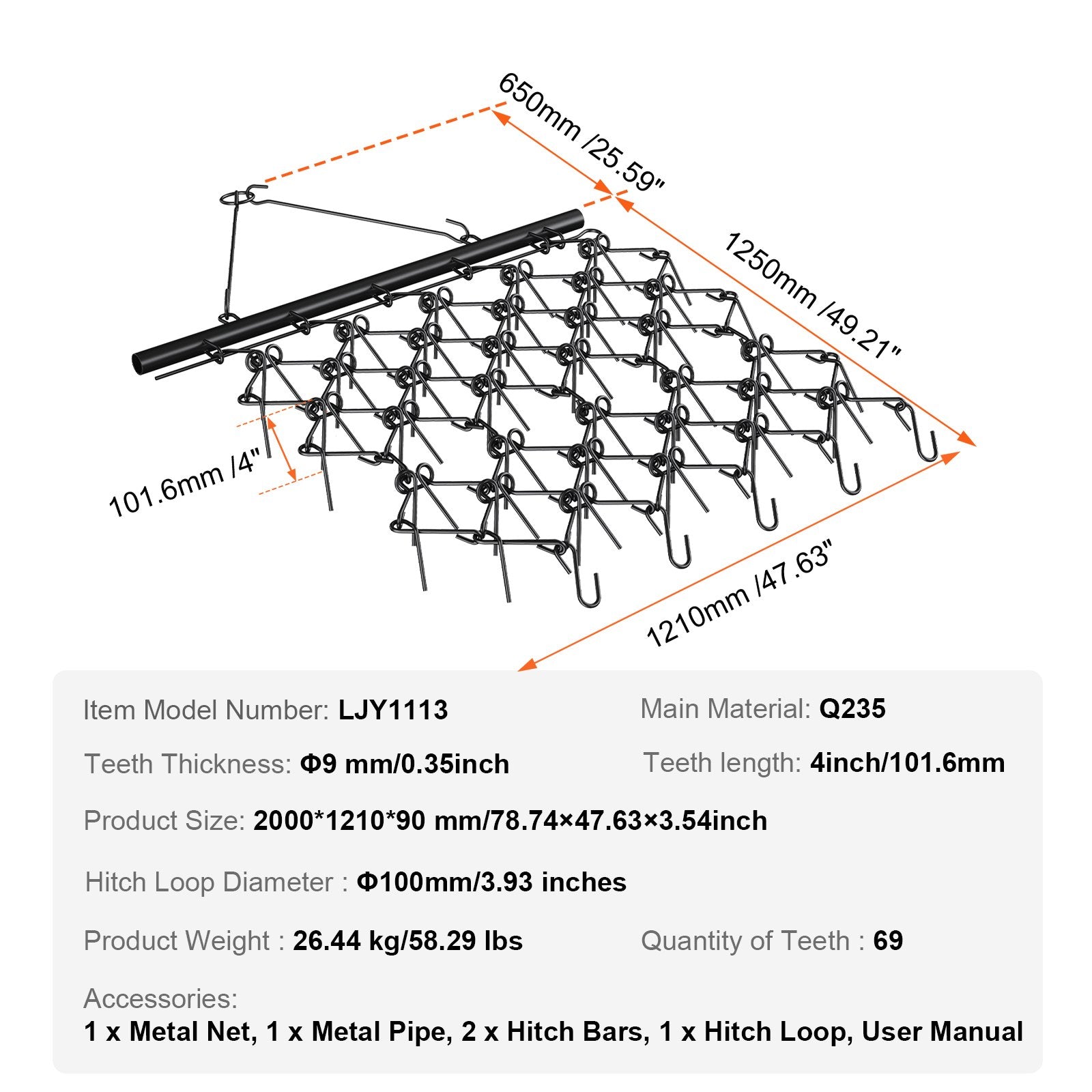 Grandininės akėčios VEVOR LJY1113, 1,22 x 1,22 m