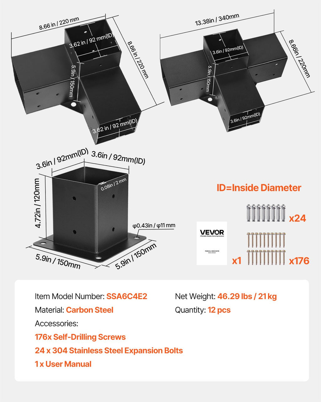 Pergolos montavimo rinkinys VEVOR SSA6C4E2, 12 dalių komplektas 92x92 mm sijoms