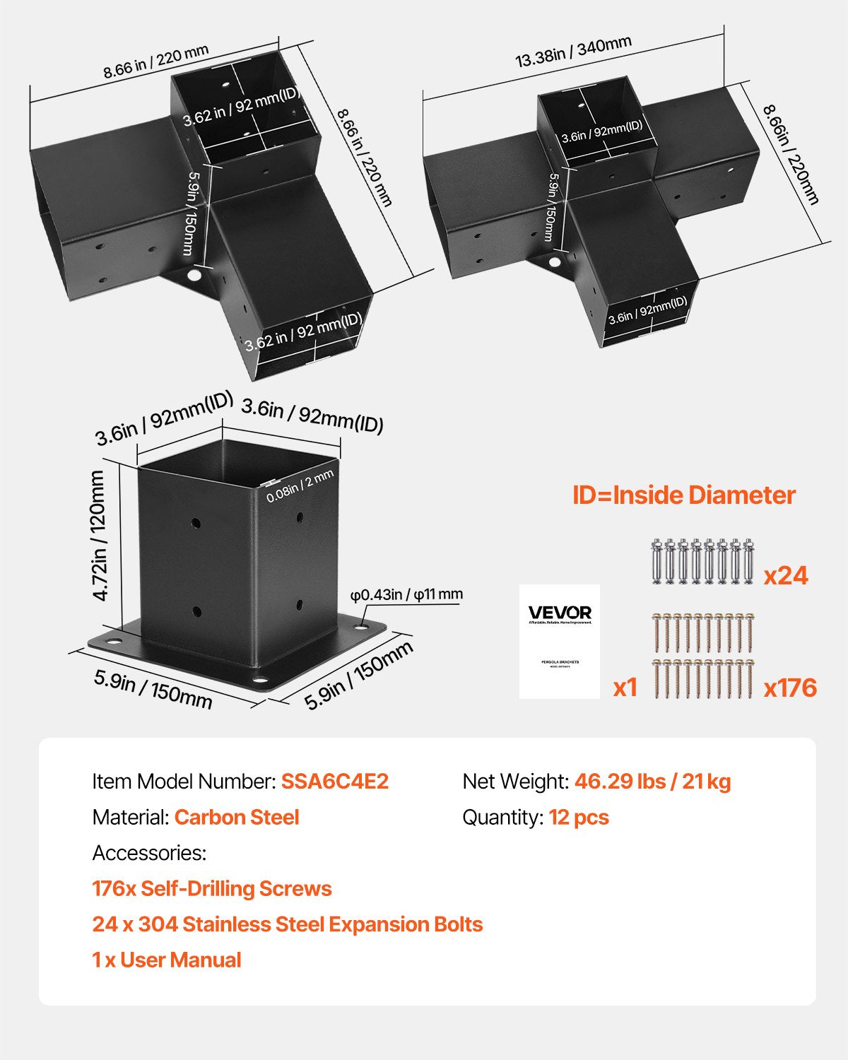 Pergolos montavimo rinkinys VEVOR SSA6C4E2, 12 dalių komplektas 92x92 mm sijoms