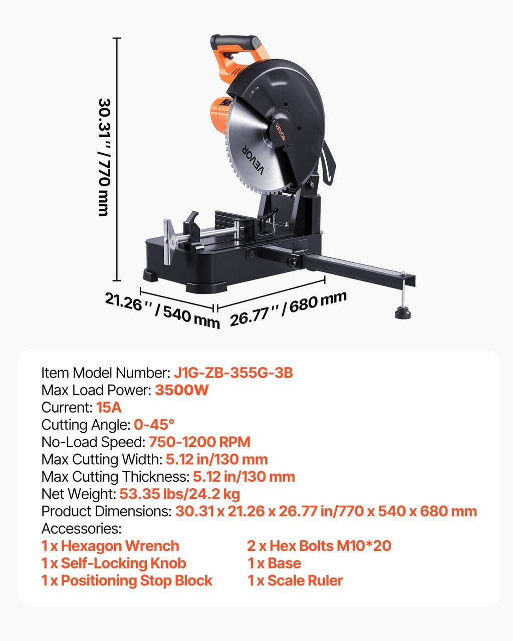 Metalo pjovimo staklės VEVOR J1G-ZB-355G-3B, 3500 W