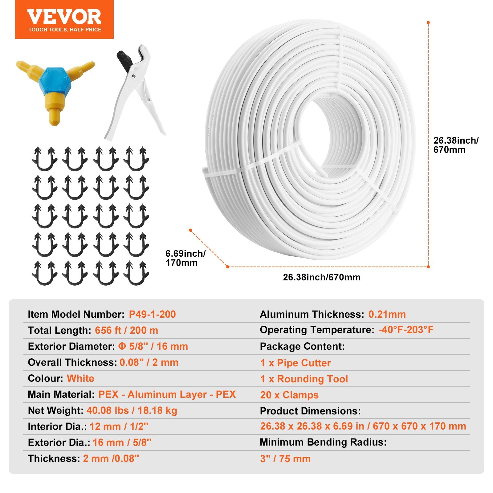 Daugiasluoksnis vamzdis PEX-AL-PEX VEVOR P49-1-200, 200 m, 16 mm
