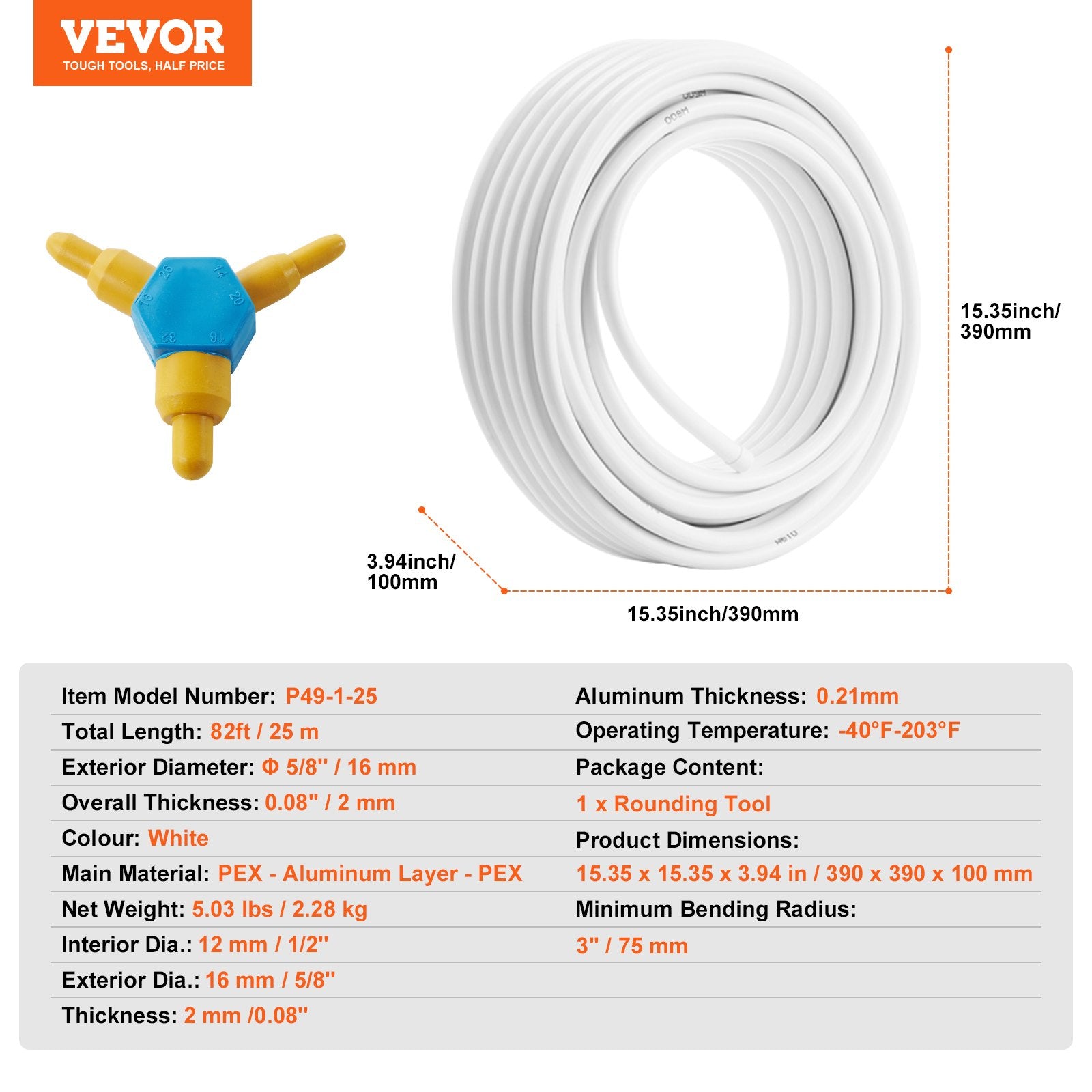 Daugiasluoksnis vamzdis PEX-AL-PEX VEVOR P49-1-25, 25 m, 16 mm
