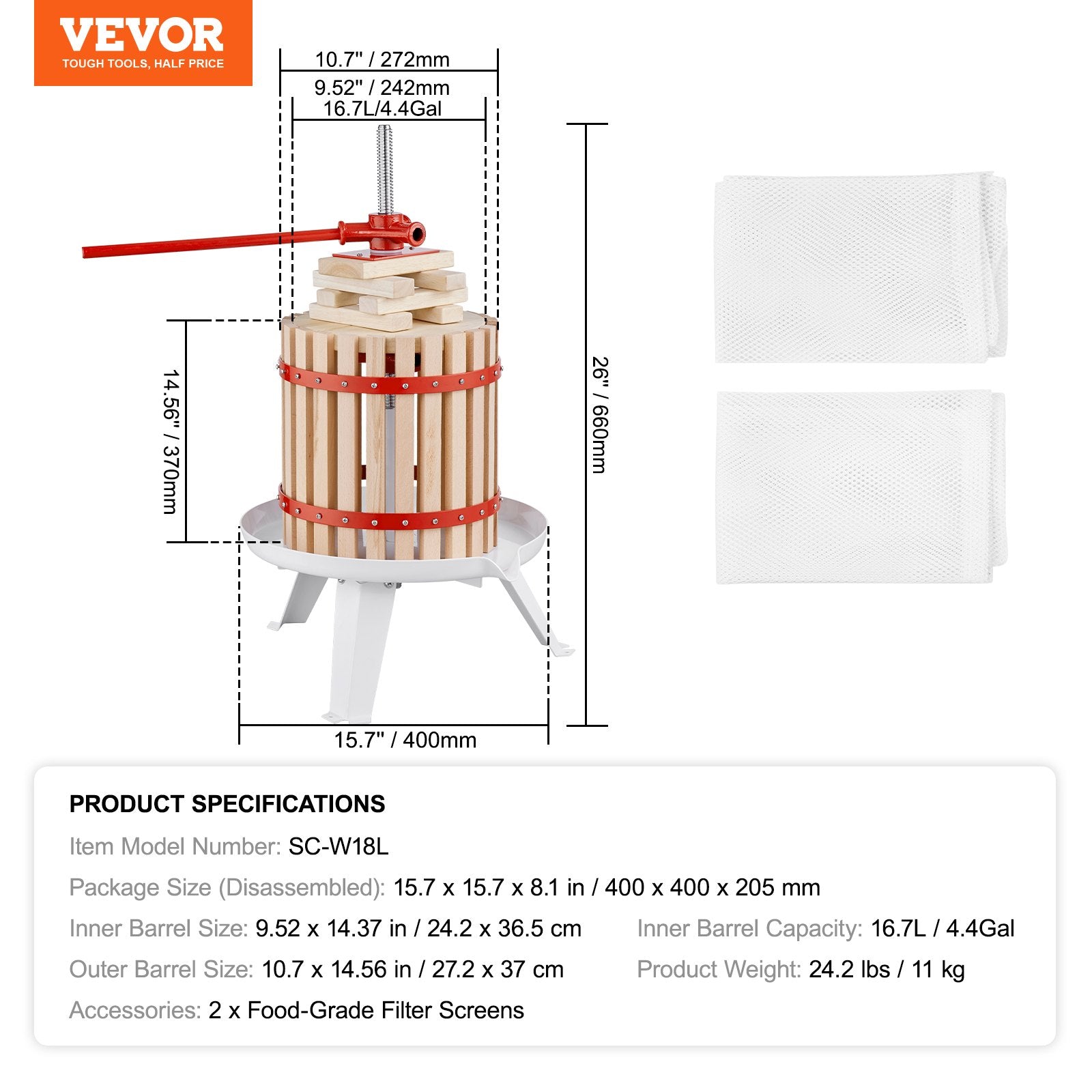 Vaisių ir uogų presas VEVOR SC-W18L, 16,7 l