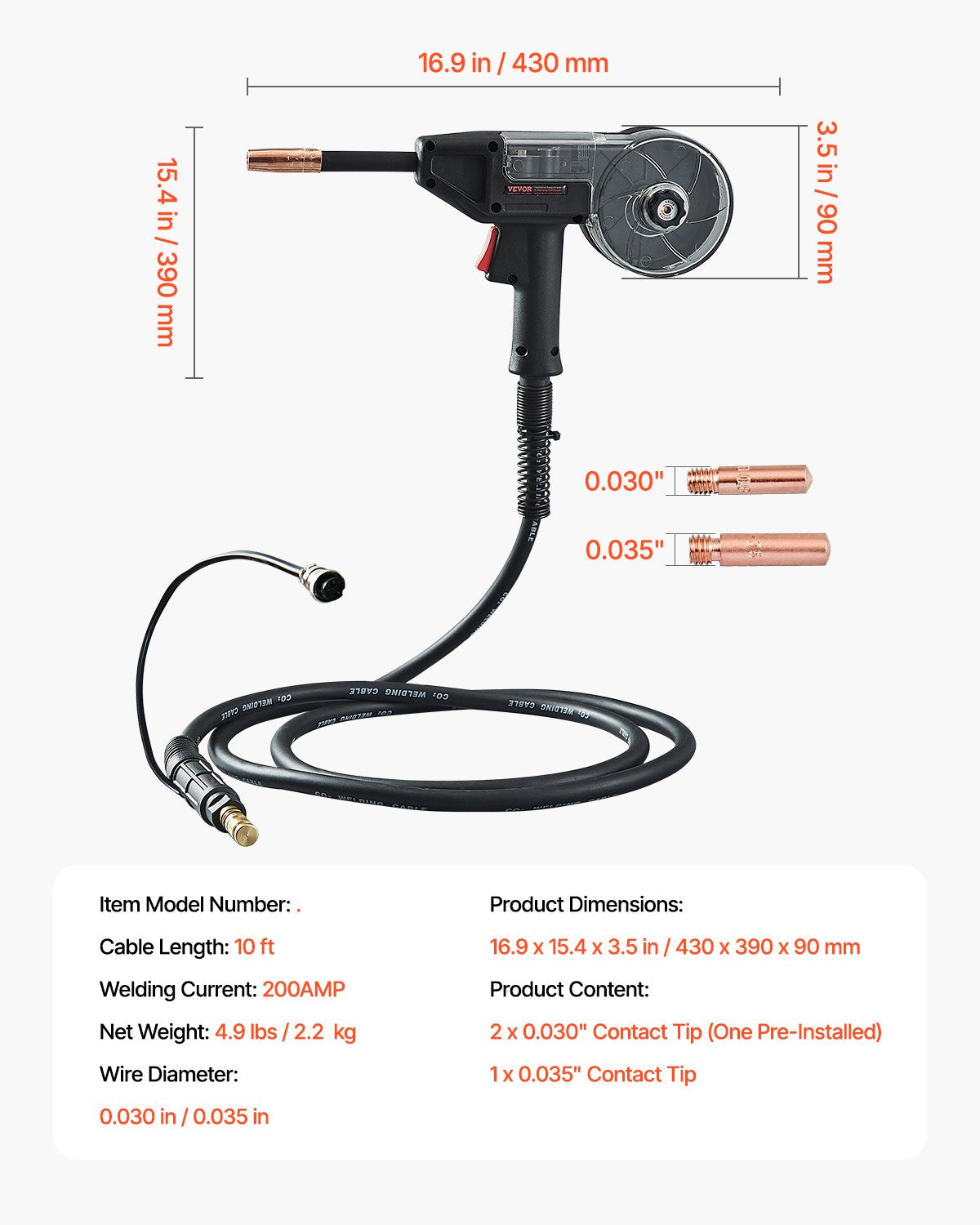 Suvirinimo pistoletas su vielos rite VEVOR XLSP100T10, 200 A