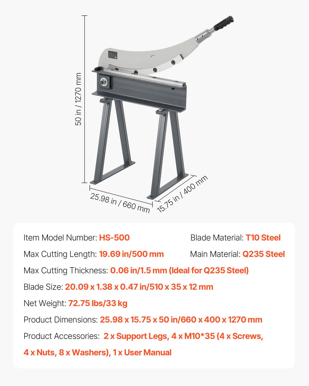 Giljotininės žirklės metalui VEVOR HS-500, 500 mm pjovimo ilgis