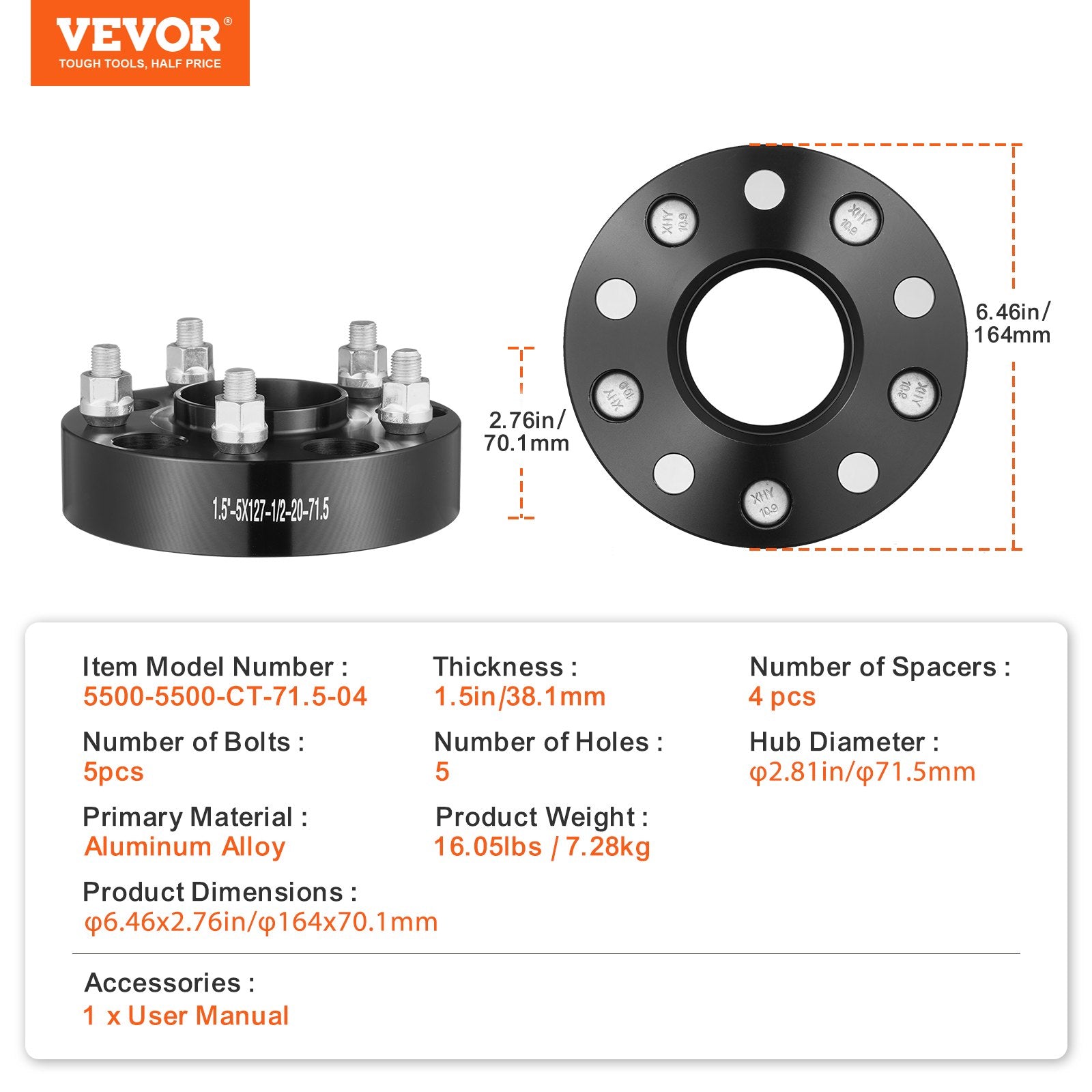 Ratų tarpikliai VEVOR 5500-5500-CT-71.5-04, 38,1 mm
