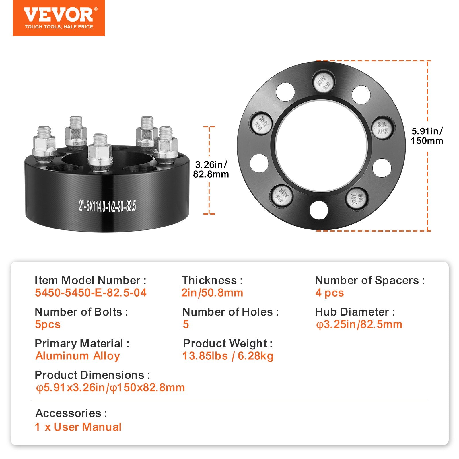 Ratų tarpikliai VEVOR 5450-5450-E-82.5-04, 50,8 mm storio