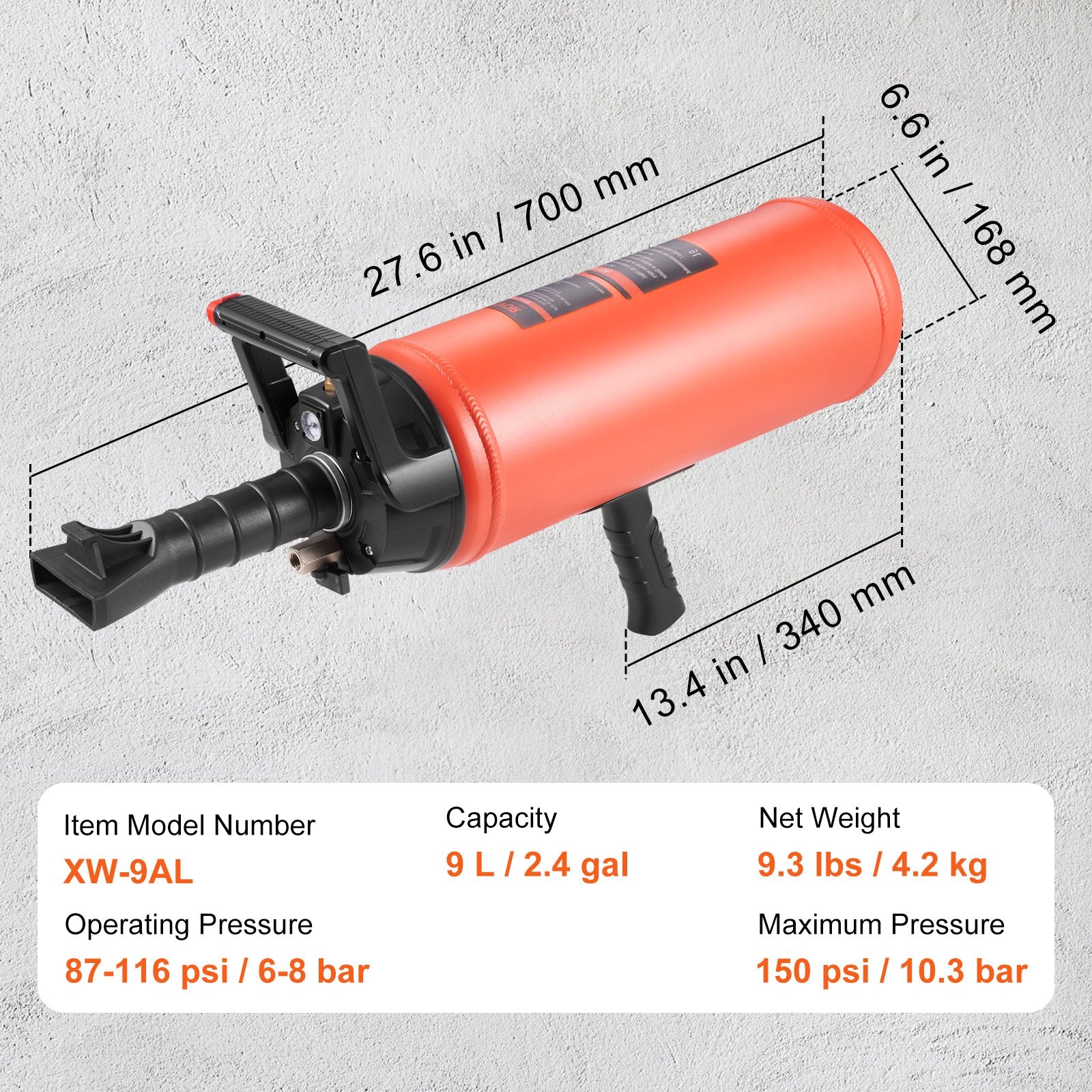 Padangų montavimo patranka VEVOR XW-9AL, 9 l talpa