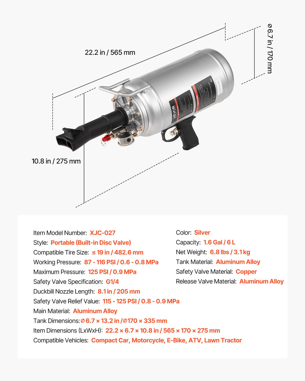 Padangų montavimo patranka VEVOR XJC-027, 6 L talpa