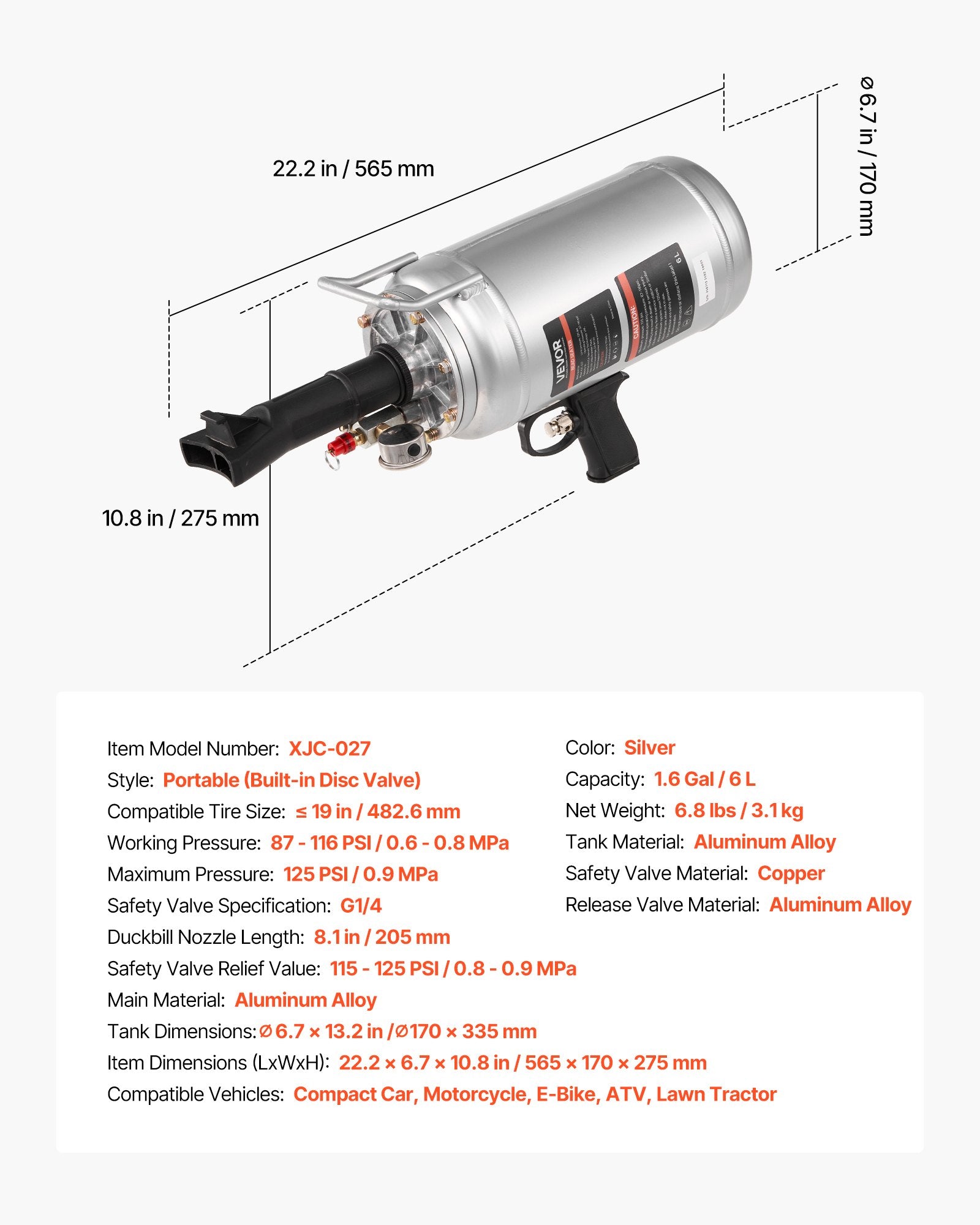Padangų montavimo patranka VEVOR XJC-027, 6 L talpa