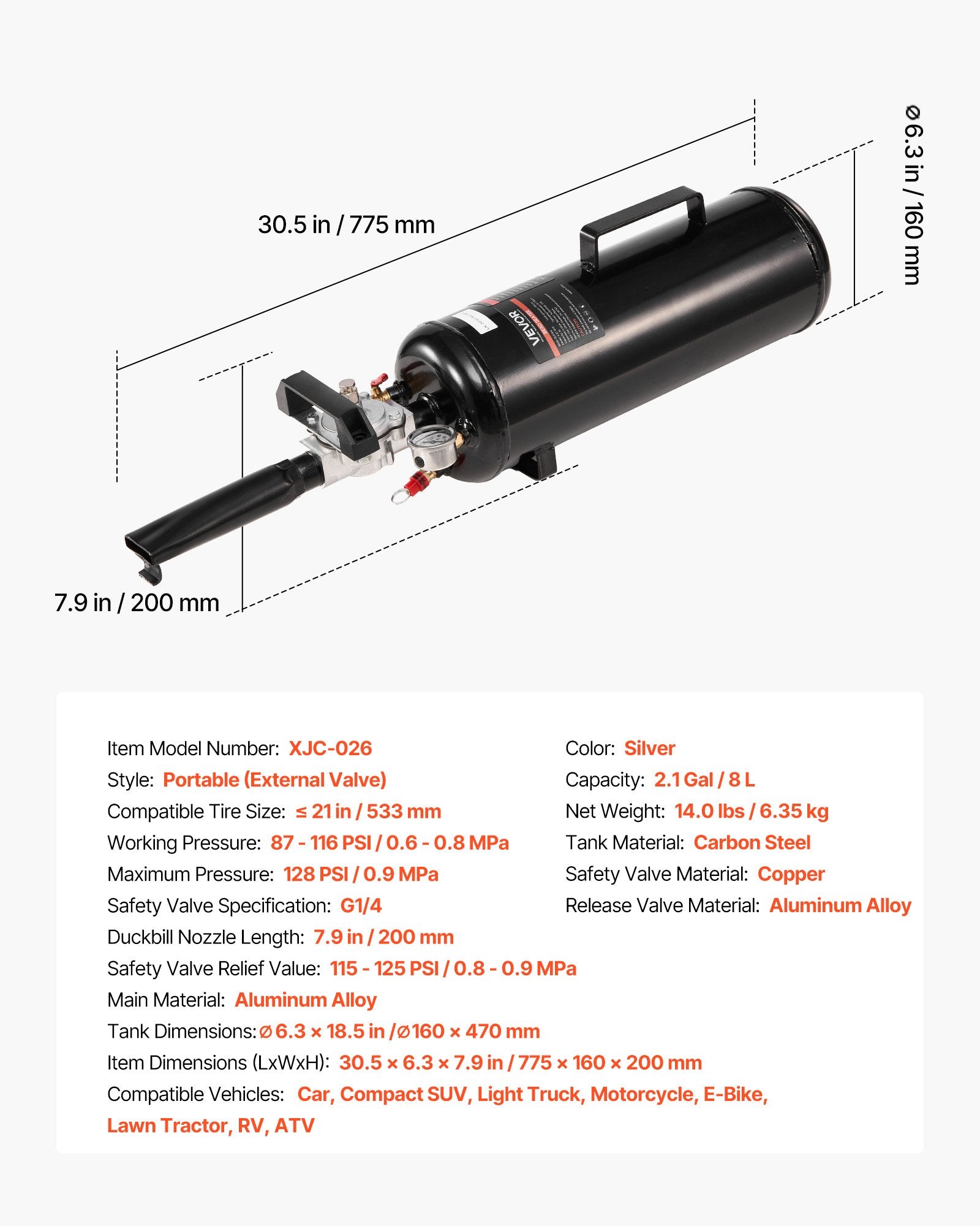 Padangų montavimo patranka VEVOR XJC-026, 8 l