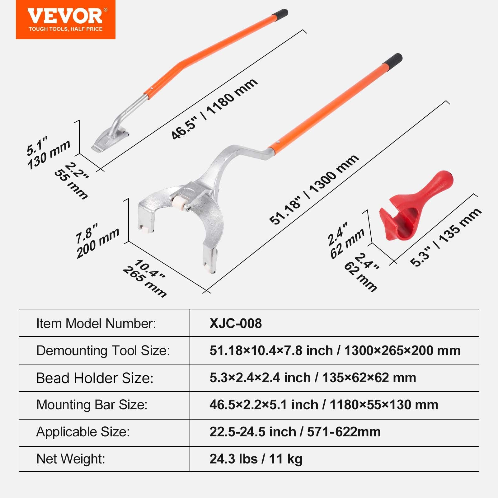 Sunkvežimių padangų montavimo įrankių komplektas VEVOR XJC-008, 57,1–62,2 cm