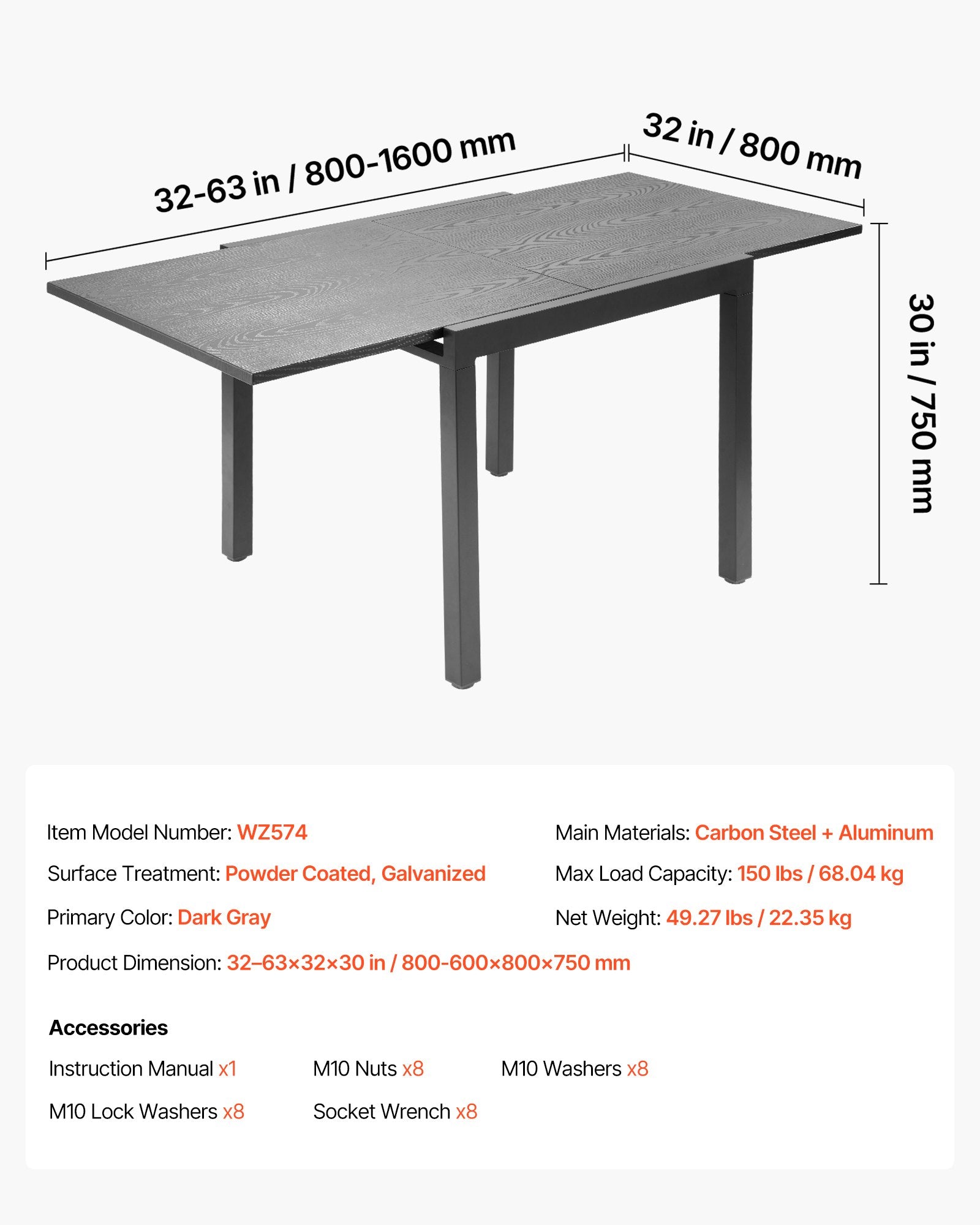 Ištraukiamas lauko stalas VEVOR WZ574, 80-160 cm