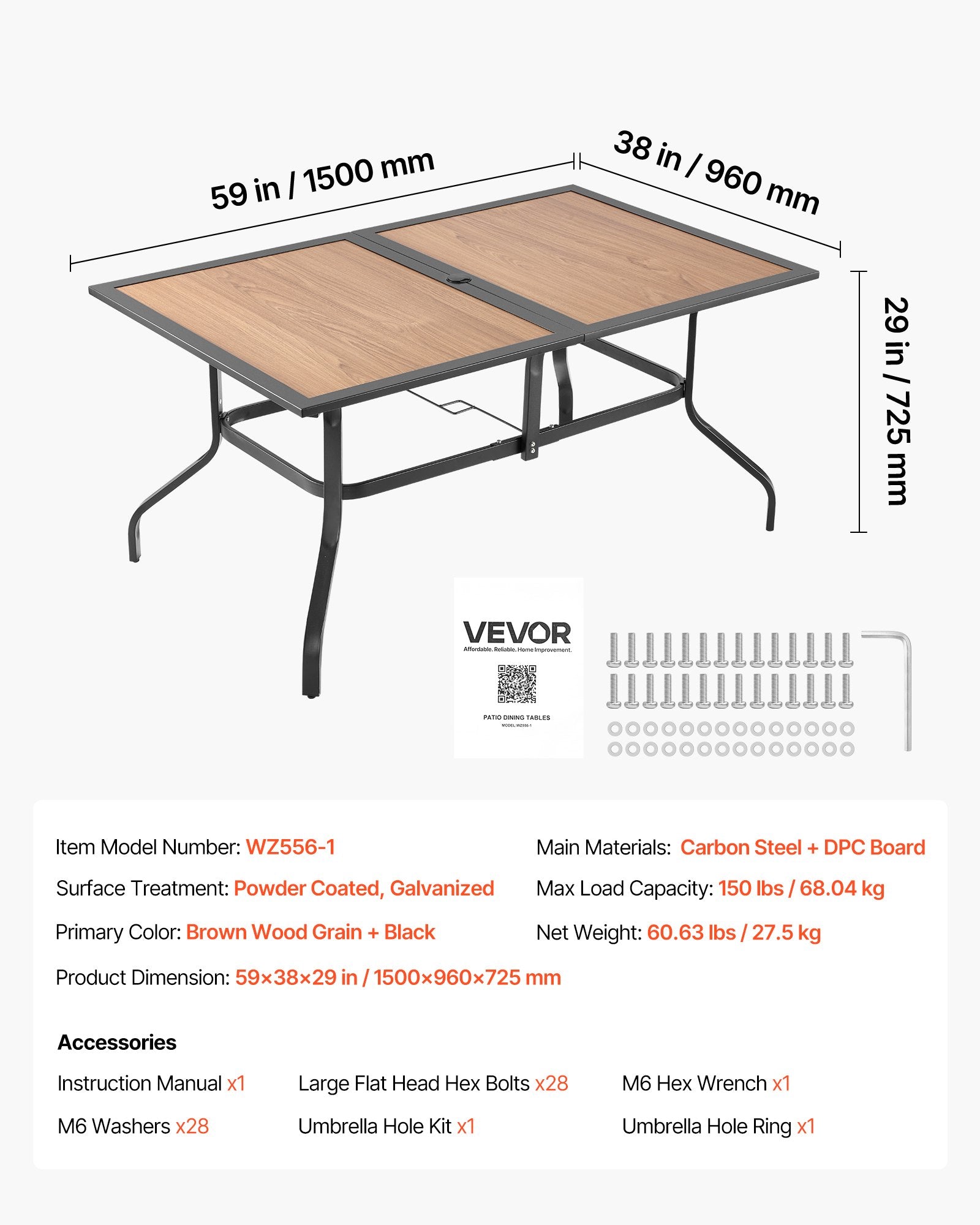 Lauko valgomojo stalas VEVOR WZ556-1, 150 cm ilgio