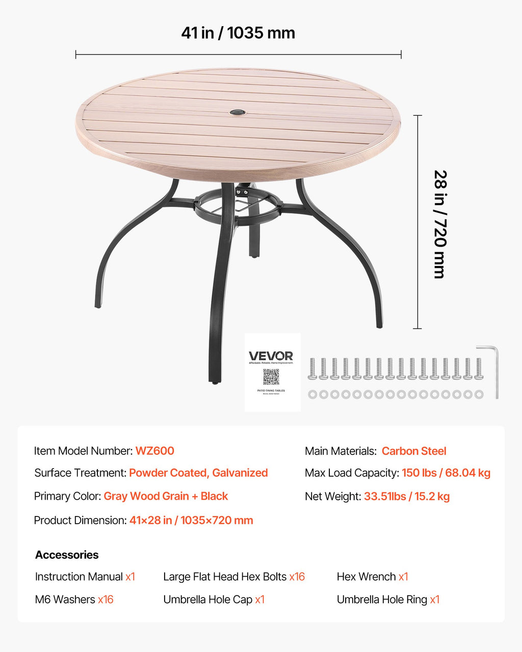 Lauko valgomojo stalas VEVOR WZ600, 103 cm skersmens