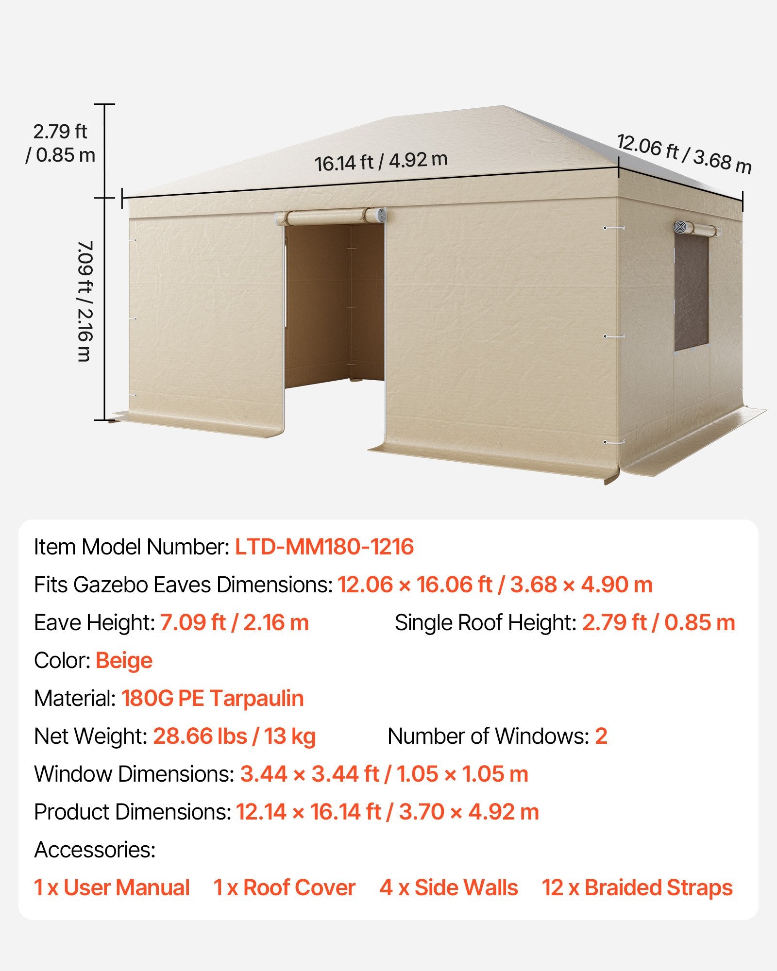 Žieminis pavėsinės uždangalas VEVOR LTD-MM180-1216, 3,68 x 4,9 m