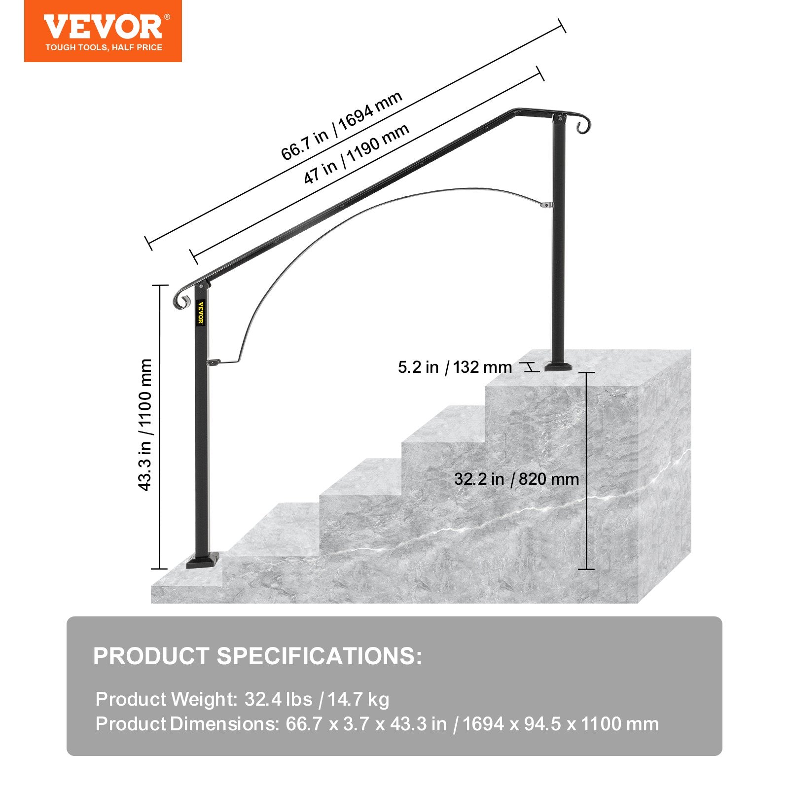 Lauko laiptų turėklai VEVOR Arch#4, skirti 4–5 pakopoms