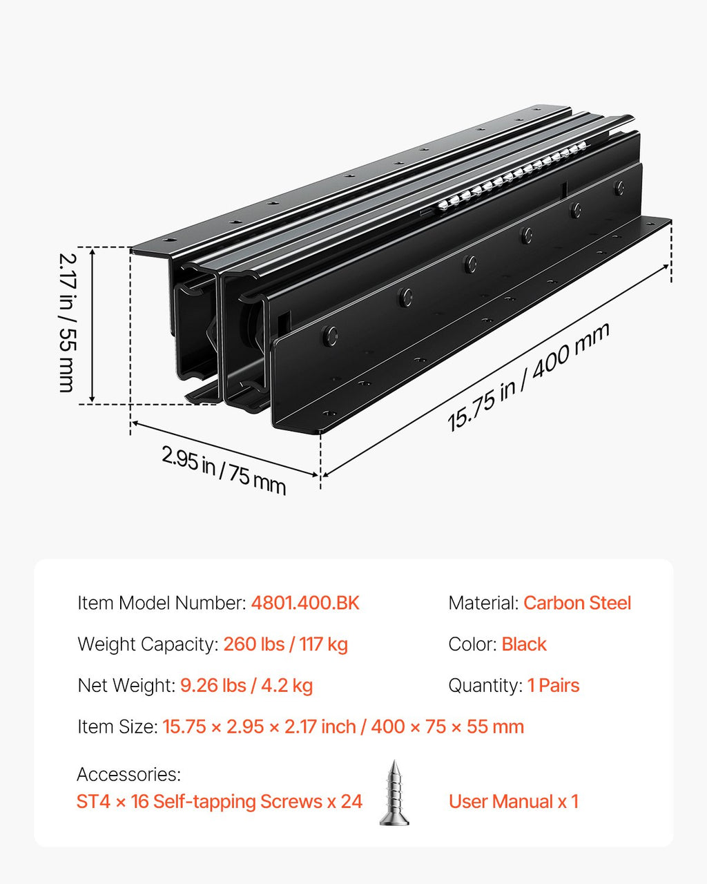 Stalčių bėgeliai VEVOR 4801.400.BK, 117 kg apkrova