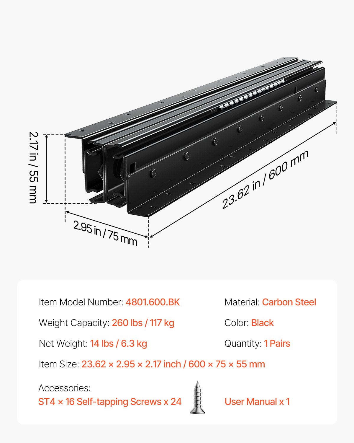 Stalčių bėgeliai po laiptais VEVOR 4801.600.BK, 117 kg apkrova