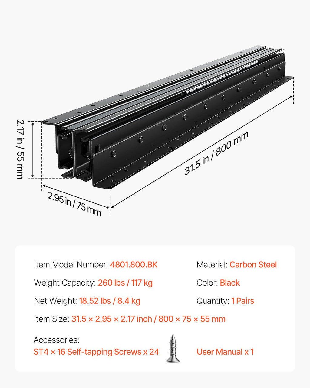 Stalčių bėgeliai VEVOR 4801.800.BK, 117 kg apkrova