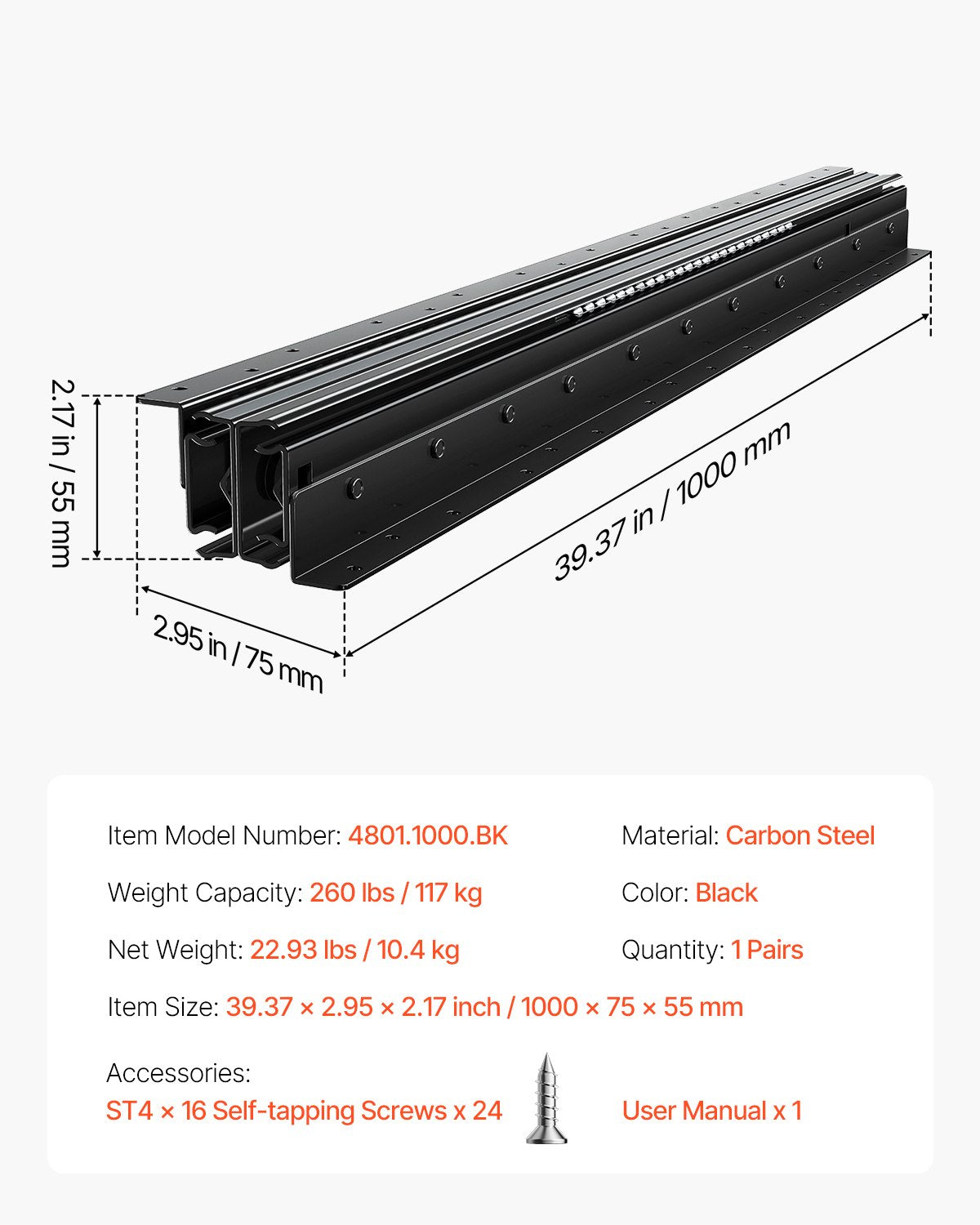 Stalčių bėgeliai VEVOR 4801.1000.BK, 1000 mm, 117 kg apkrova