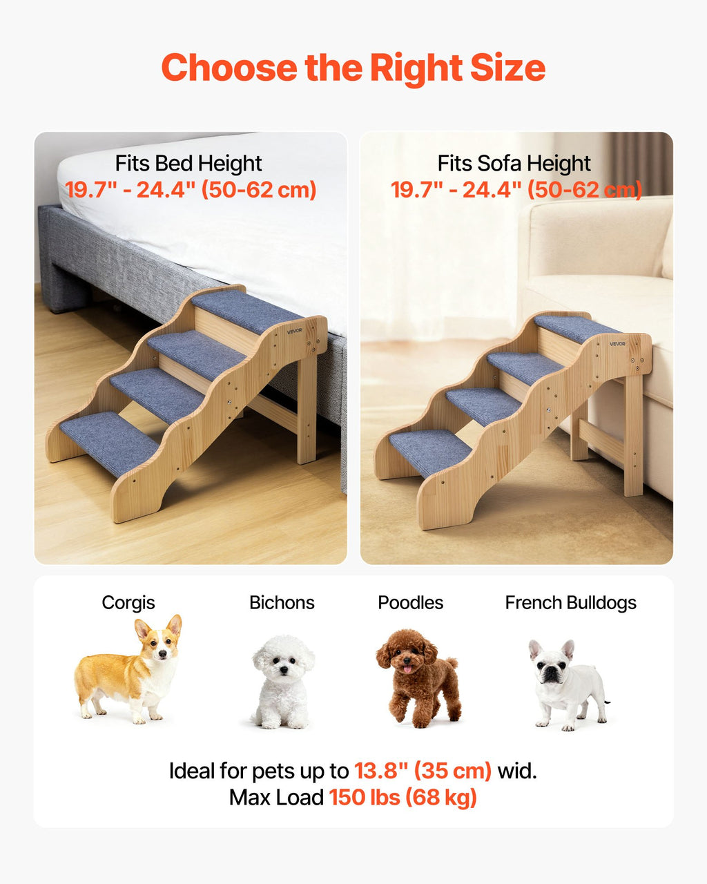 Mediniai laipteliai augintiniams VEVOR ZD-25DOG02, 4 pakopų, iki 68 kg