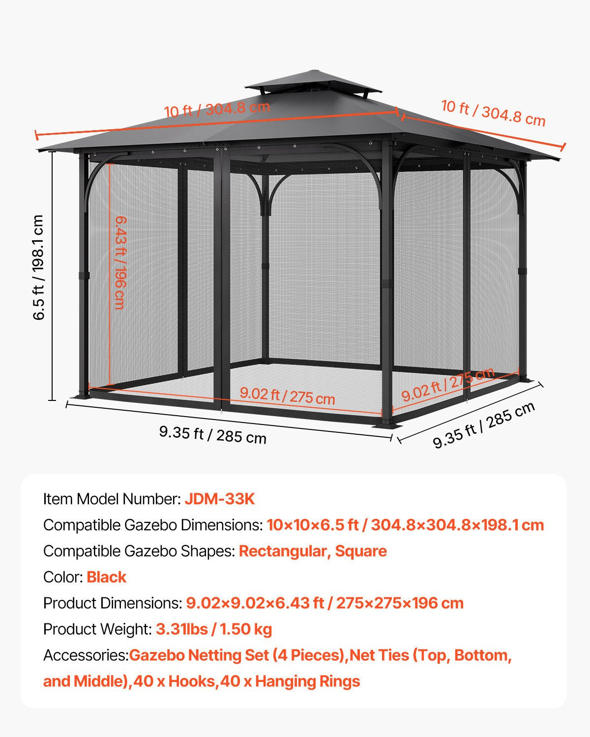 Tinklelis pavėsinei VEVOR JDM-33K, 3x3 m