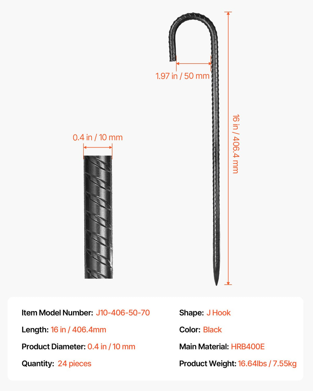 Armatūros kuoliukai VEVOR J10-406-50-70, 406,4 mm, 24 vnt.