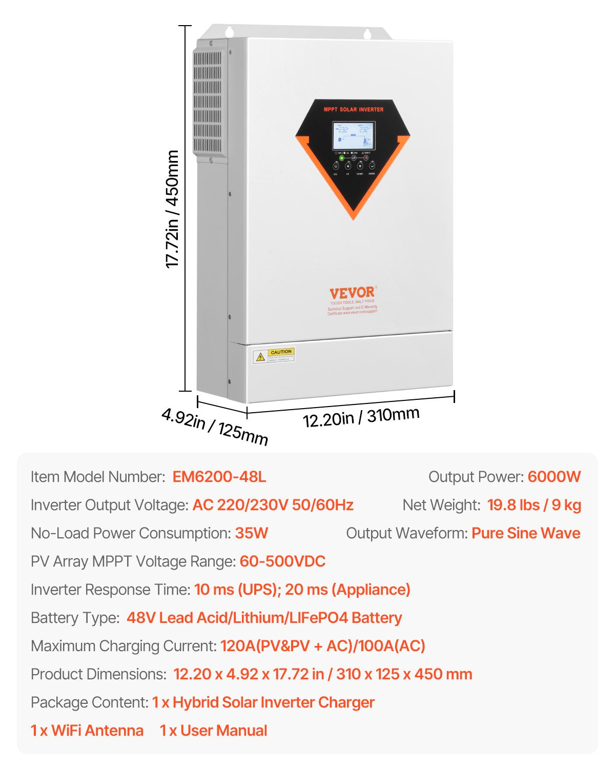 Hibridinis saulės inverteris VEVOR EM6200-48L, 6000W